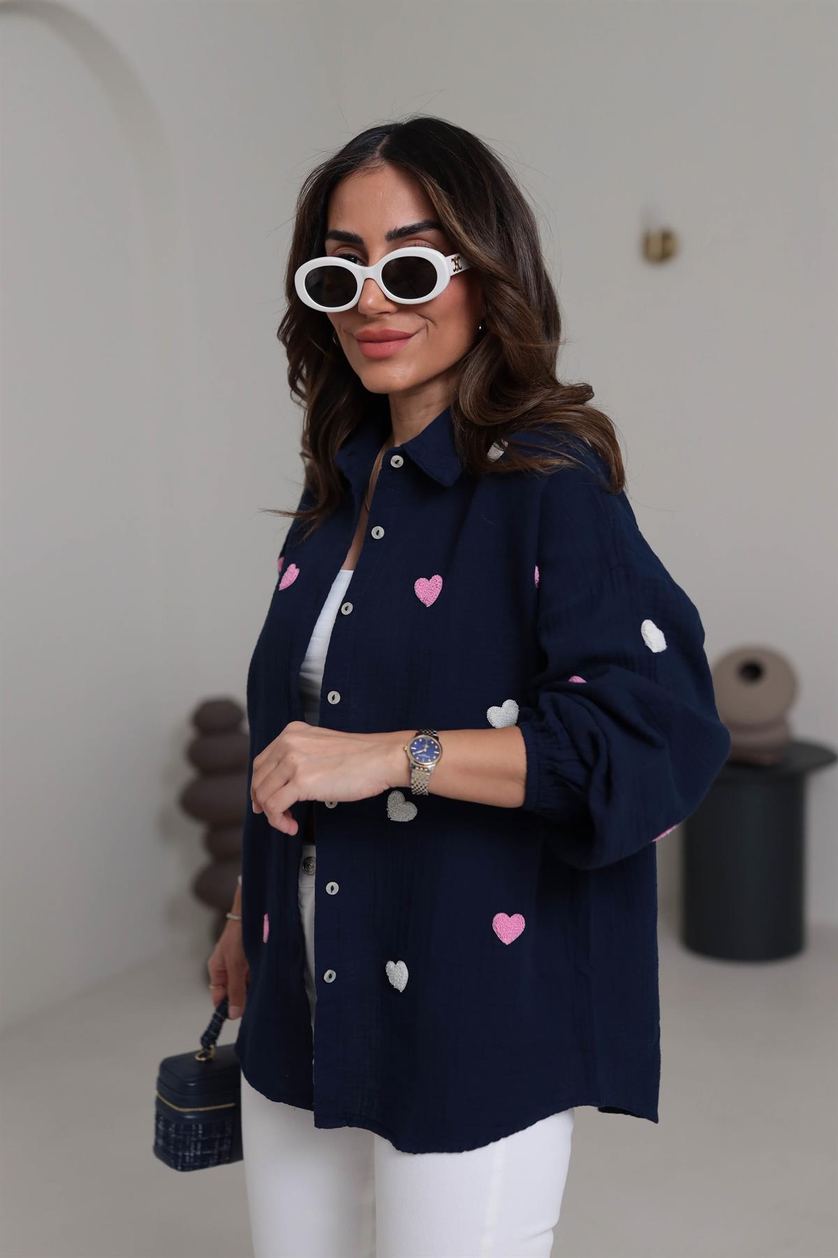 7930 Kalpli Kol Lastikli Müslin Kumaş Gömlek LACİVERT