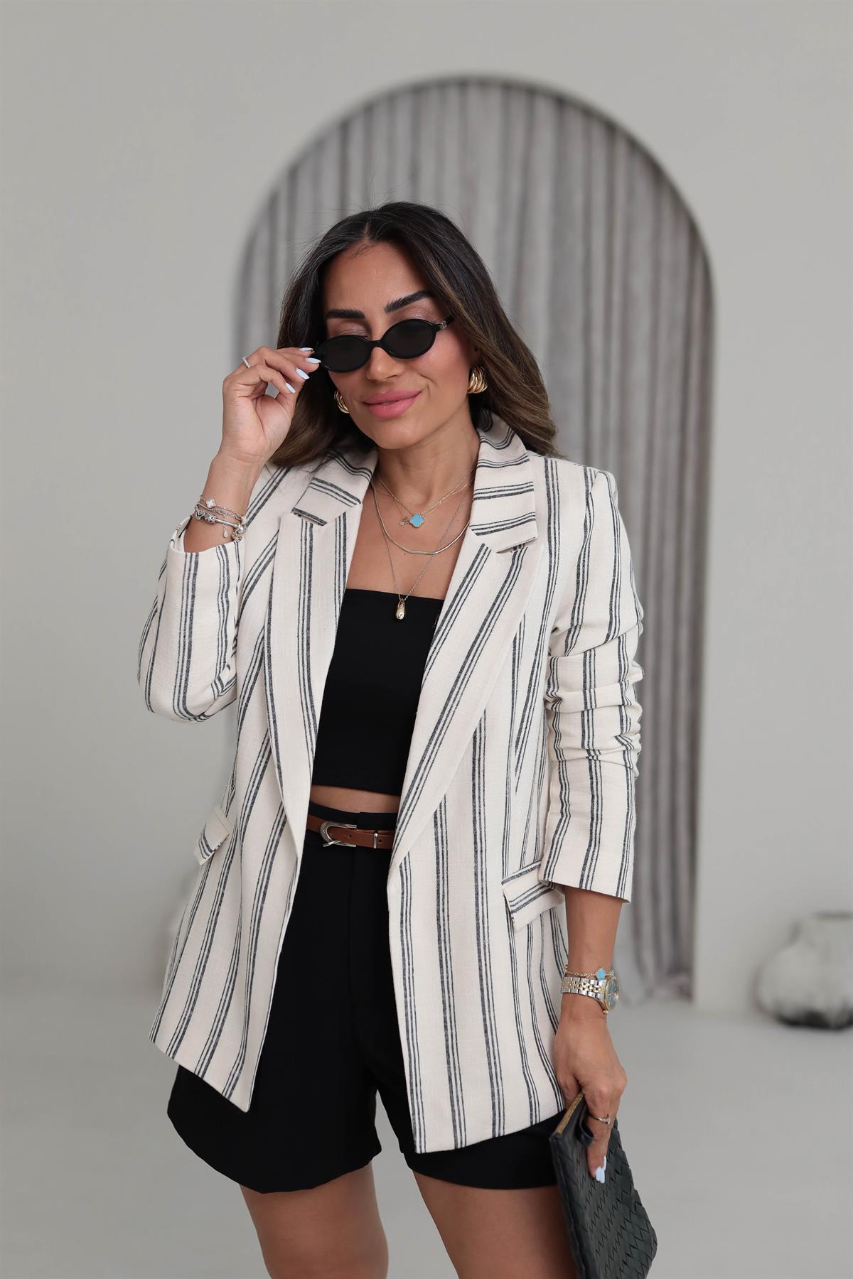 9424 Çizgili Keten Blazer Ceket SİYAH