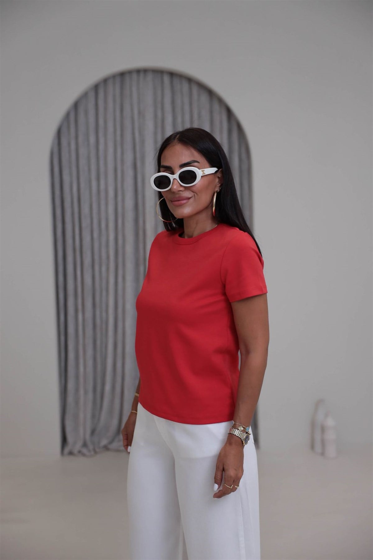 2779 Bisiklet Yaka Basic Tshirt KIRMIZI