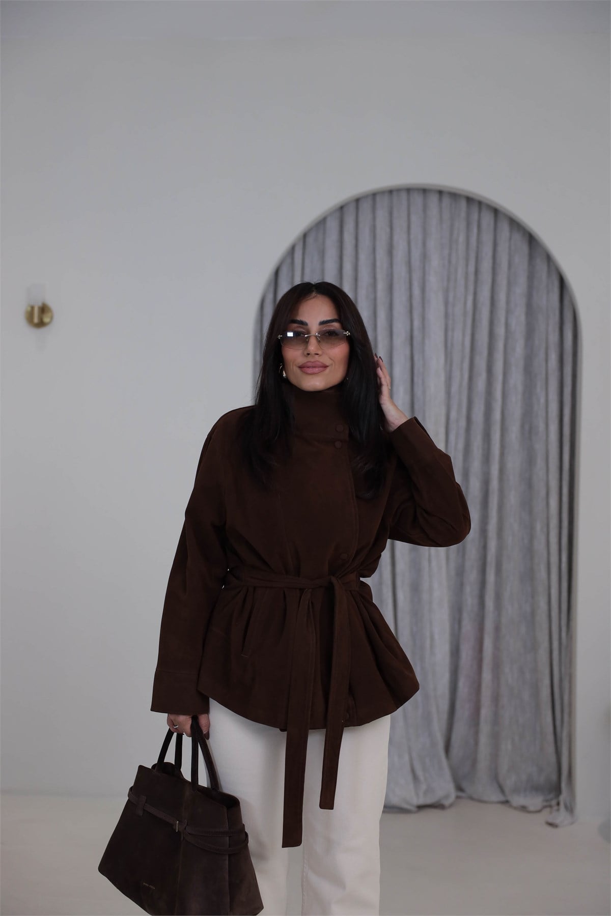 9427 Dik Yaka Süet Kuşaklı Ceket KAHVE