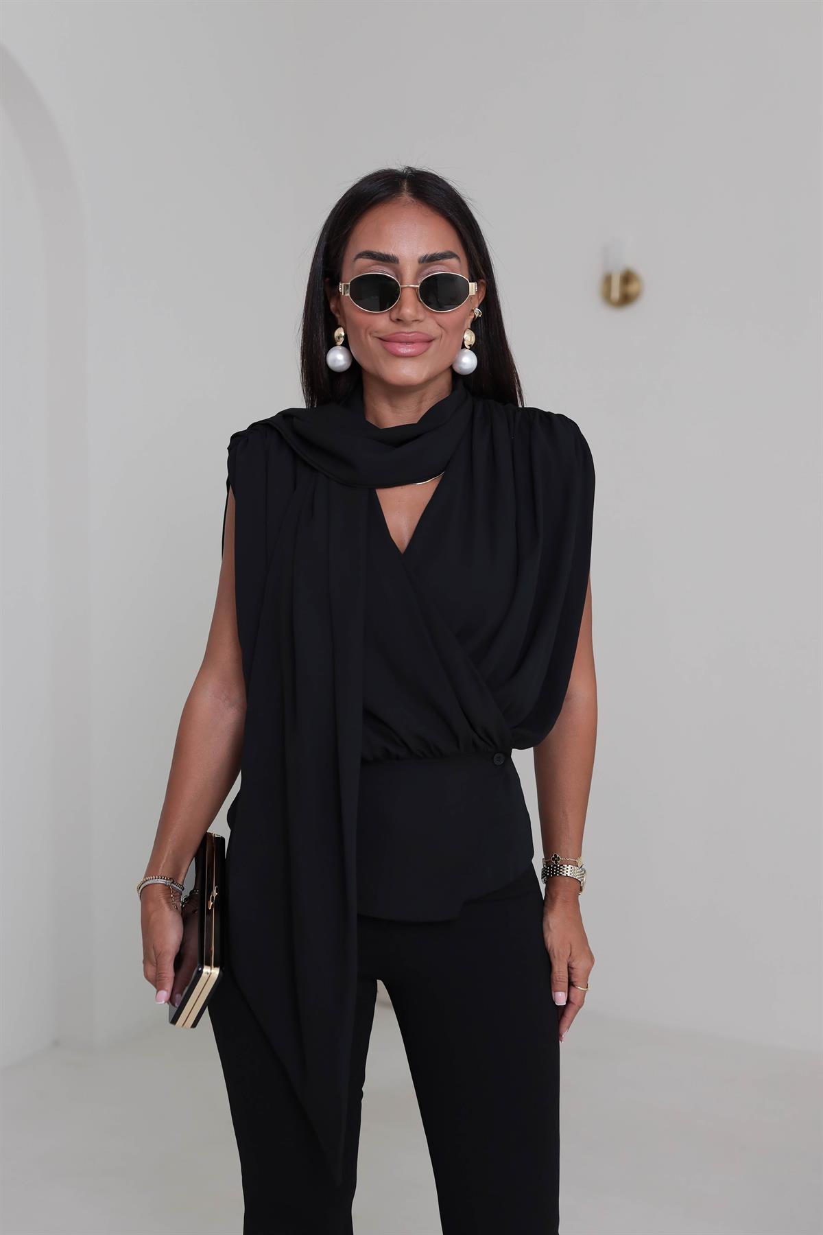 6197 Vatkalı Şal Detaylı Bluz SİYAH