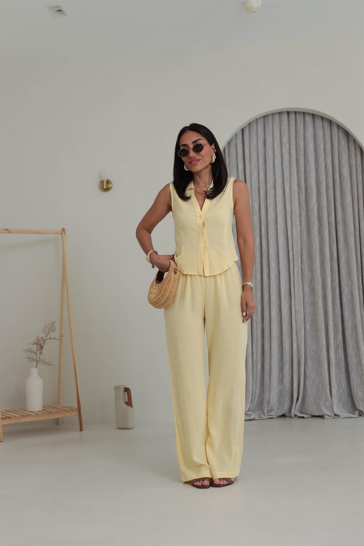 0474 Polo Yaka Yelek & Pantolon Keten Takım SARI
