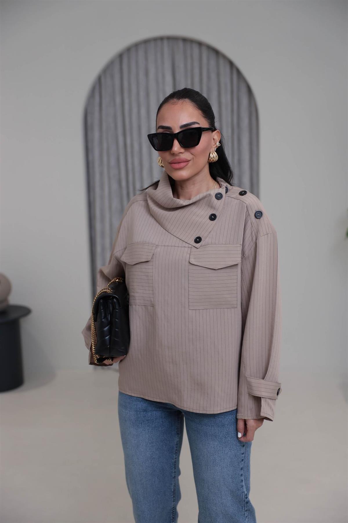 4067 Düğmeli Yaka Detay Çizgili Modal Gömlek AÇIK VİZON