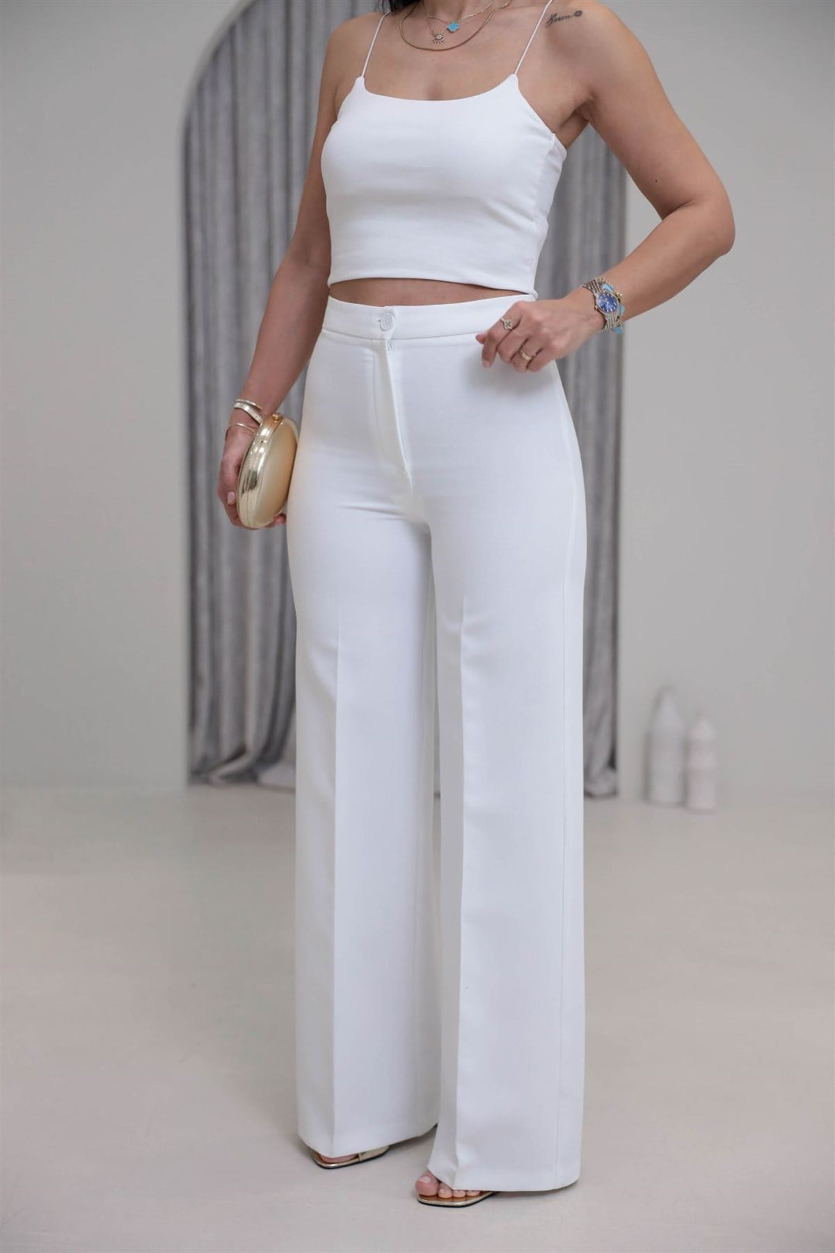 5156 Bel Pensli Rahat Kalıp Kumaş Pantolon BEYAZ