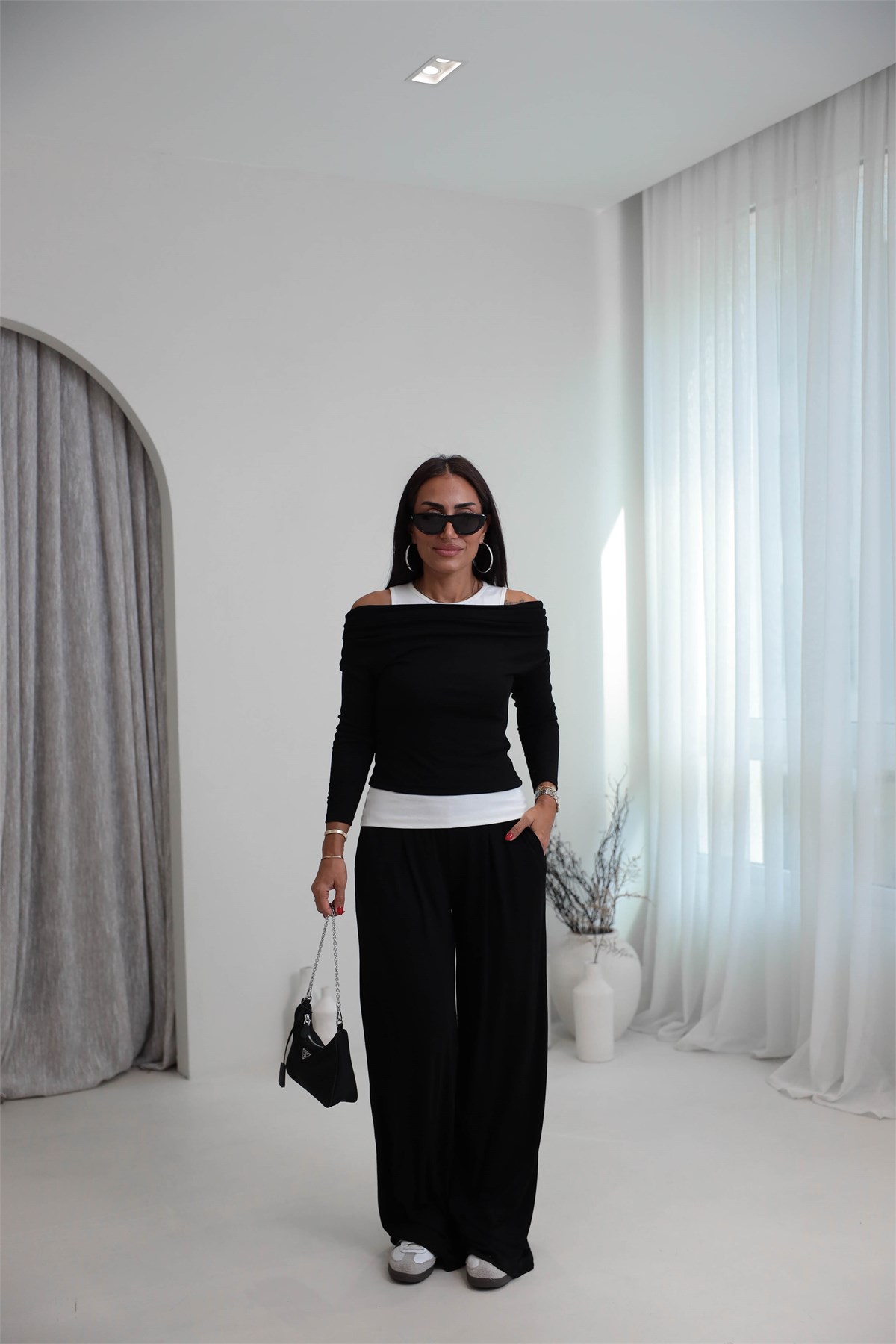 2779 Atlet Detaylı Dökümlü Bluz Pantolon Takım SİYAH