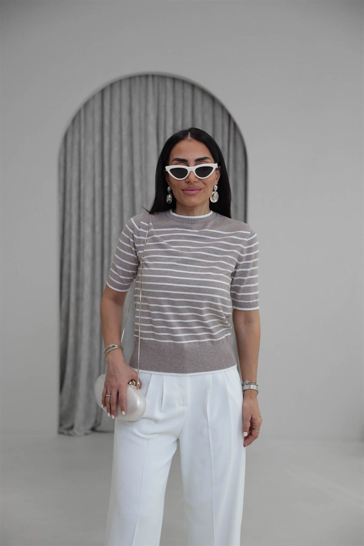 T-122 Çizgili Bisiklet Yaka Kısa Kol Triko Bluz SÜTLÜ KAHVE