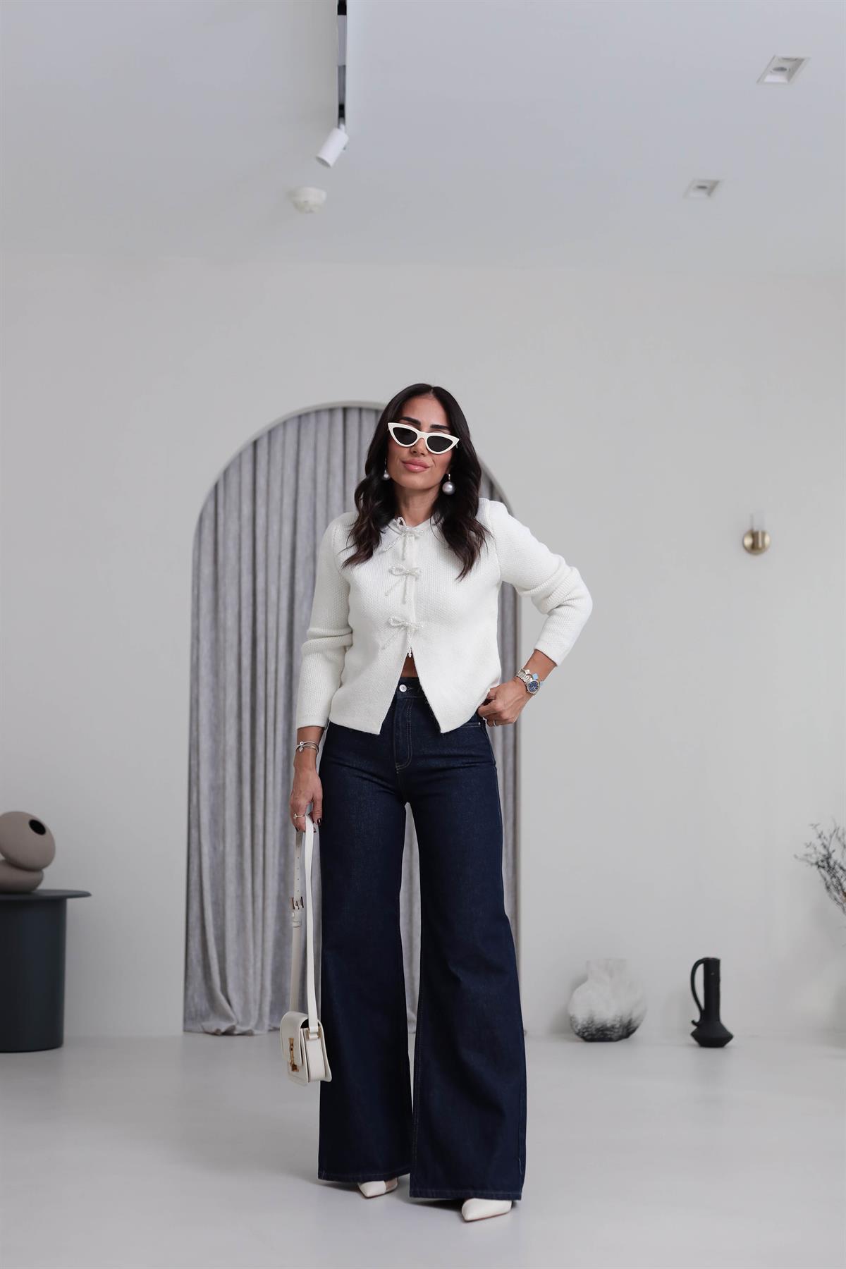 1706 Yüksek Bel Rins Yıkama Geniş Pantolon LACİVERT