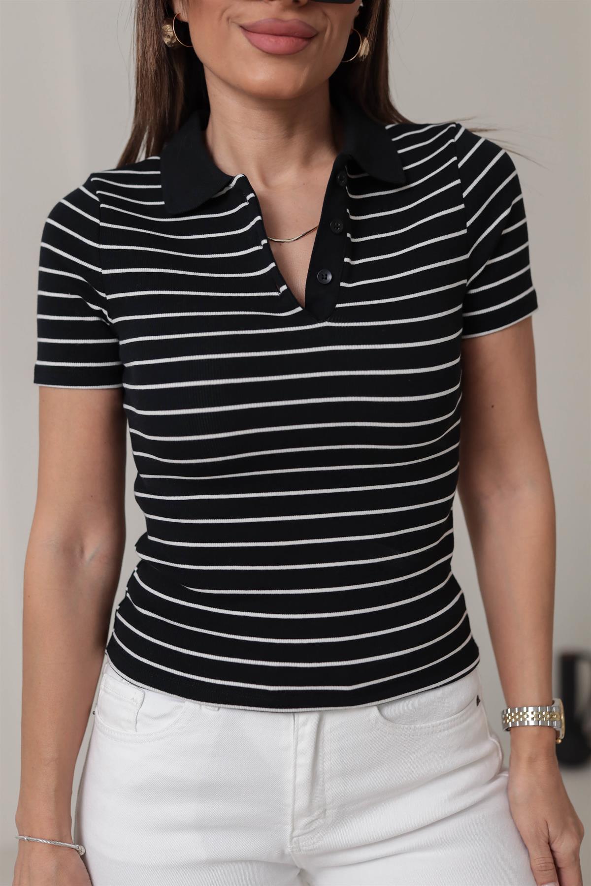 1464 Polo Yaka Çizgili Kısa Kol Triko SİYAHBEYAZ