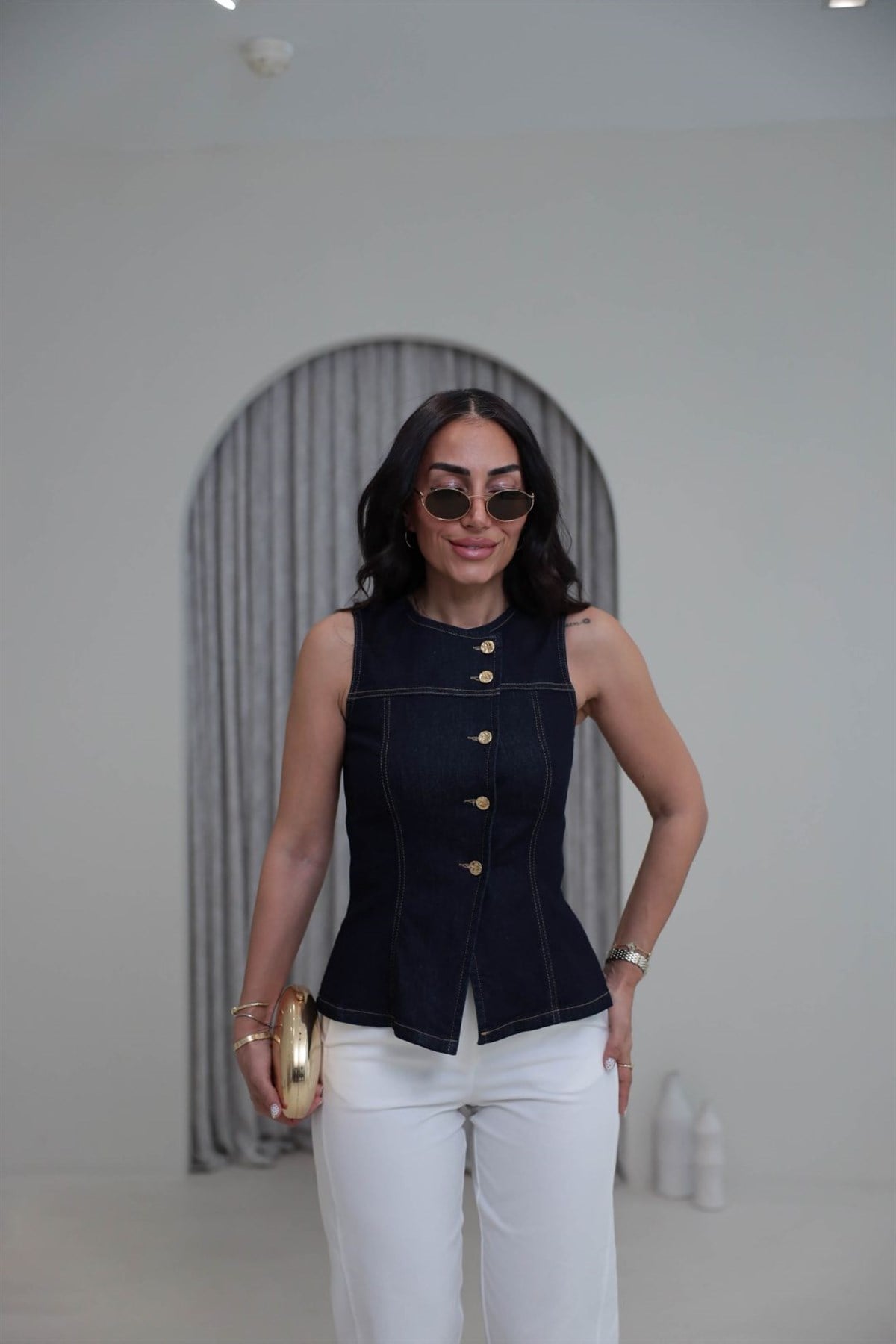 0758 Gold Düğmeli Kot Yelek LACİVERT