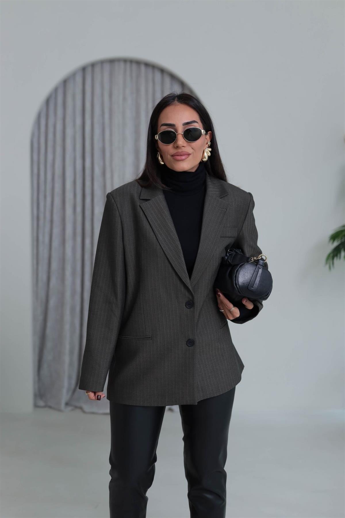 7255 Çift Düğmeli Balıksırtı Desenli Blazer Ceket KAHVE