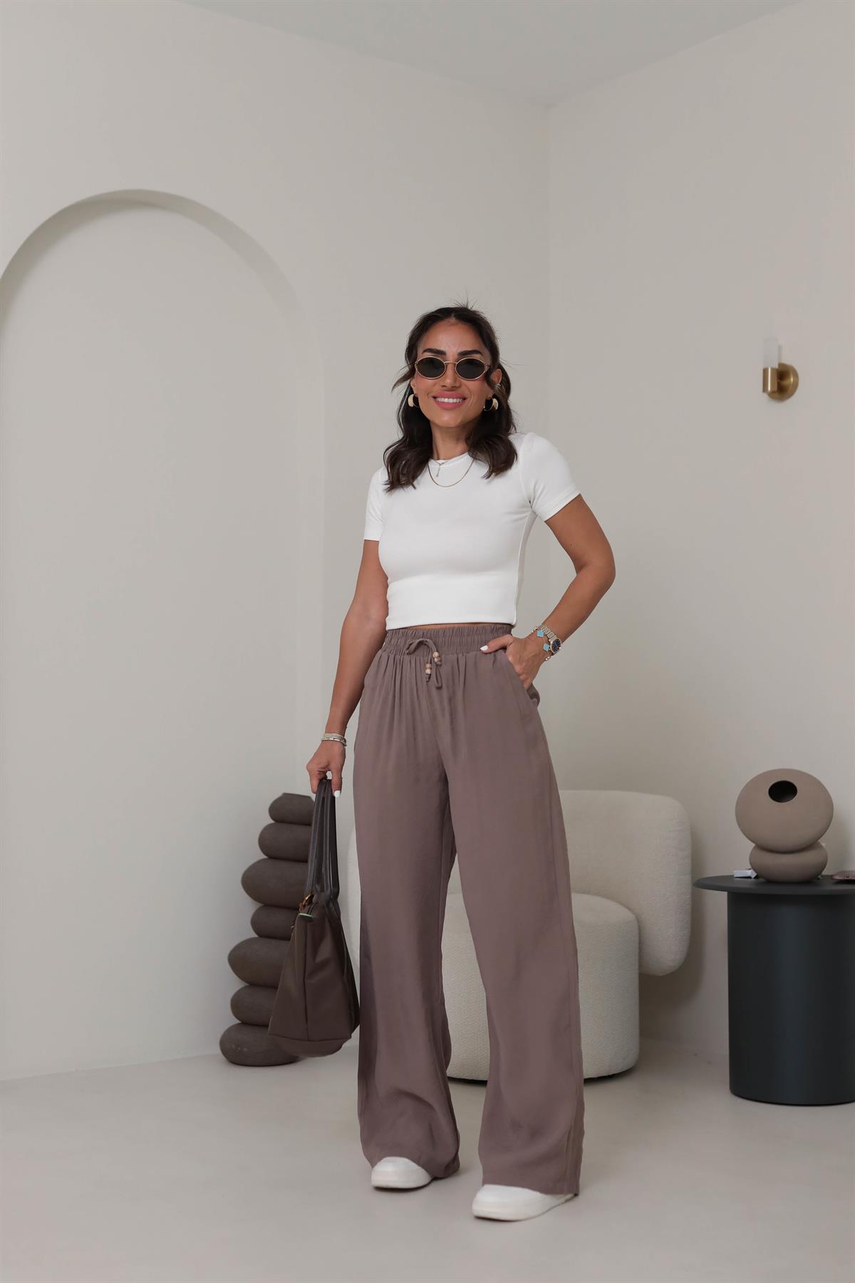0253 Bel Lastikli Tencel Rahat Pantolon KAHVE