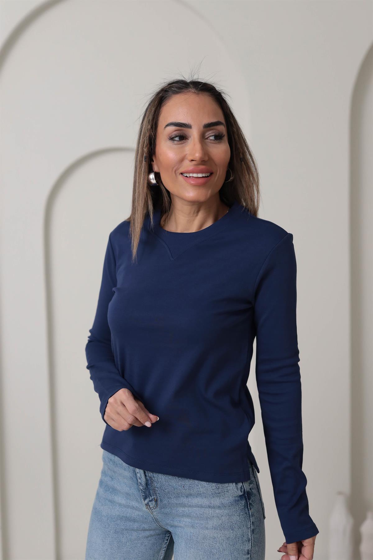 6364 Yaka Ribana Dikişli Uzun Kol Bluz LACİVERT