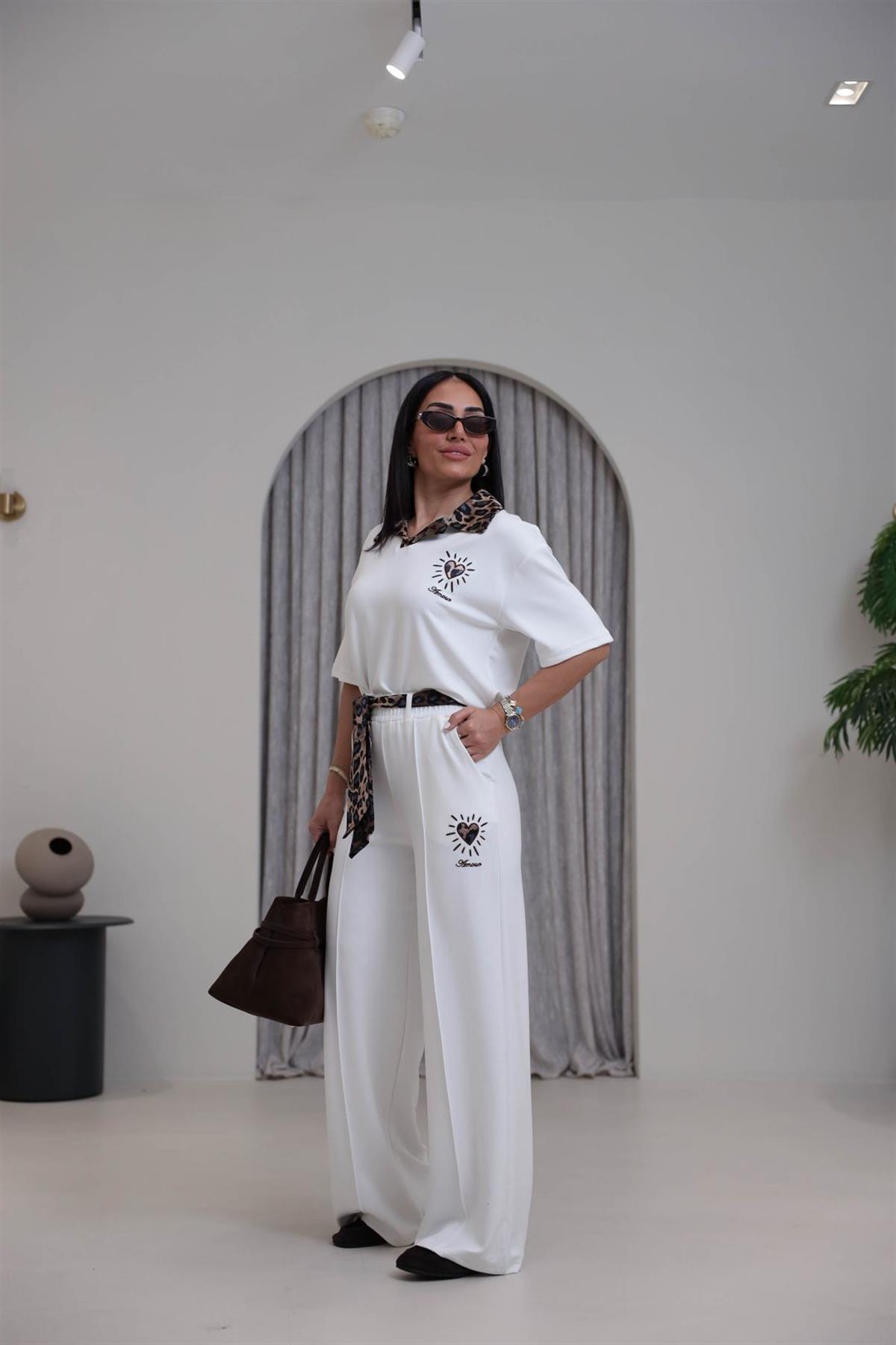 7539 Leopar Saten Yakalı Nakışlı Modal Takım EKRU