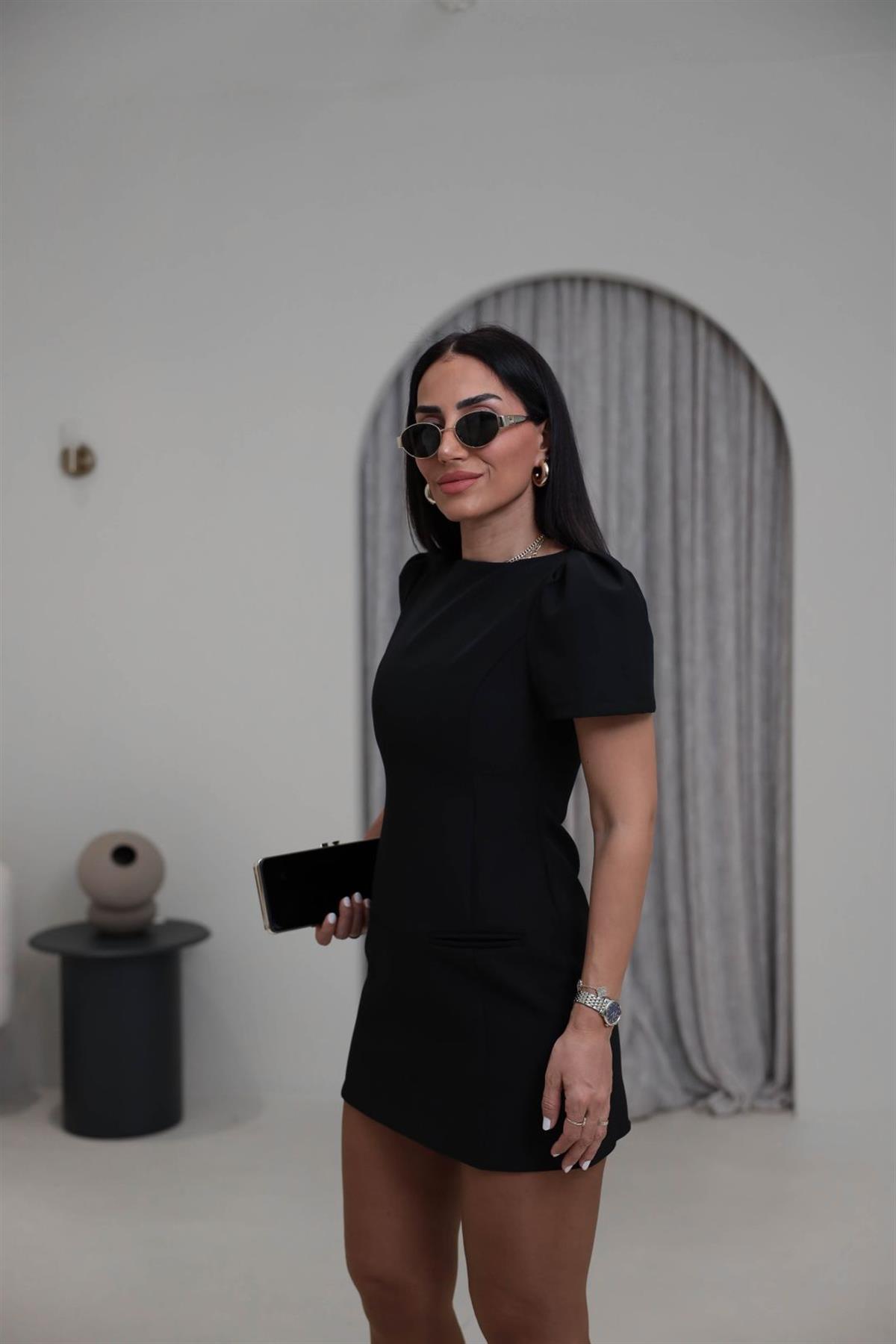 0789 Balon Kol Cep Detaylı Mini Elbise SİYAH