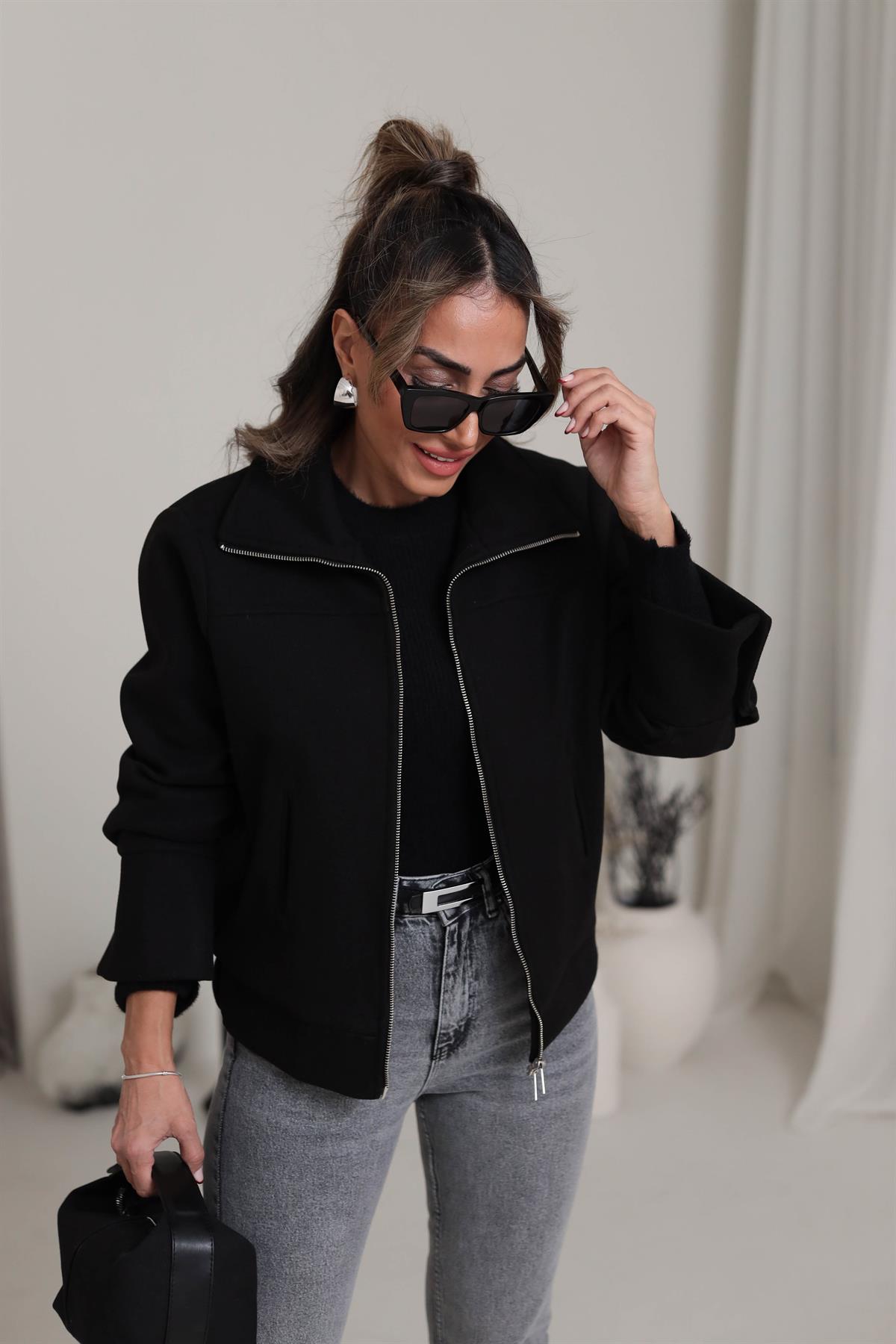 9567 Fermuarlı Kaşe Mont SİYAH