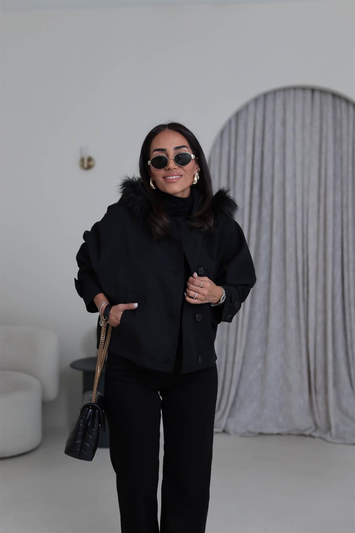 6856 Kürk Kapşonlu Parka SİYAH