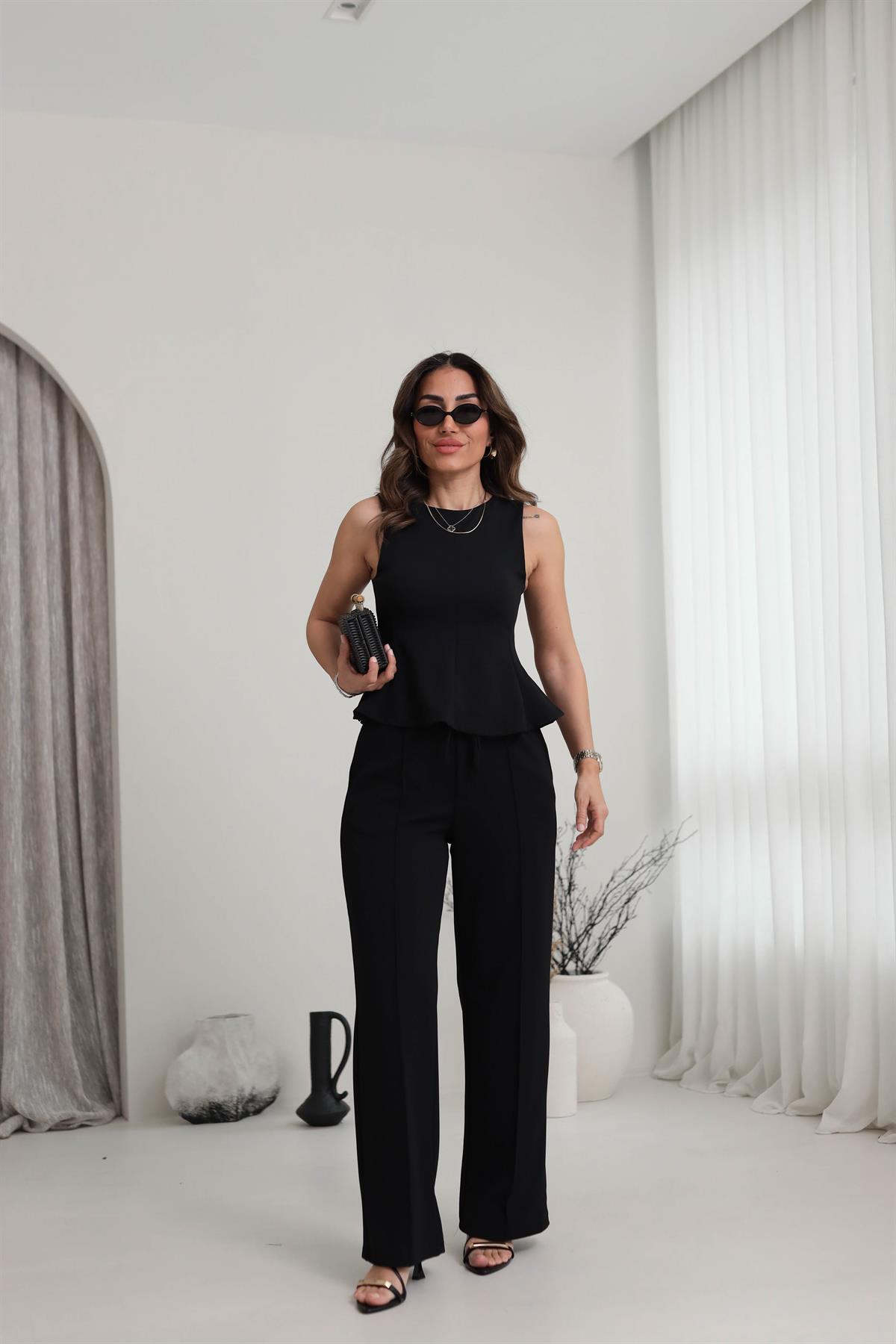 7169 Sıfır Kol Örme Bluz Pantolon Takım SİYAH