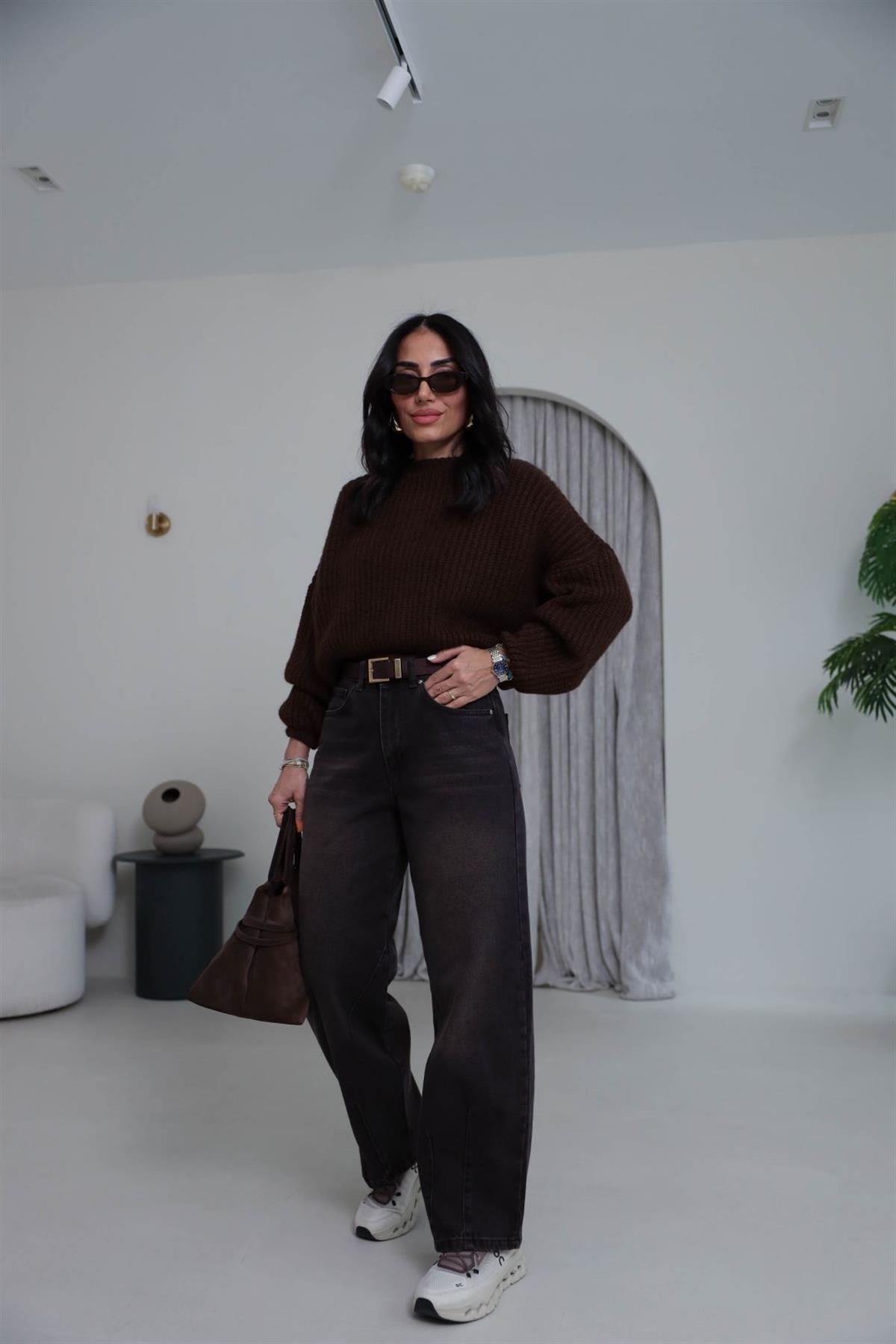 3579 Bisiklet Yaka Örme Oversize Kısa Kazak KAHVE