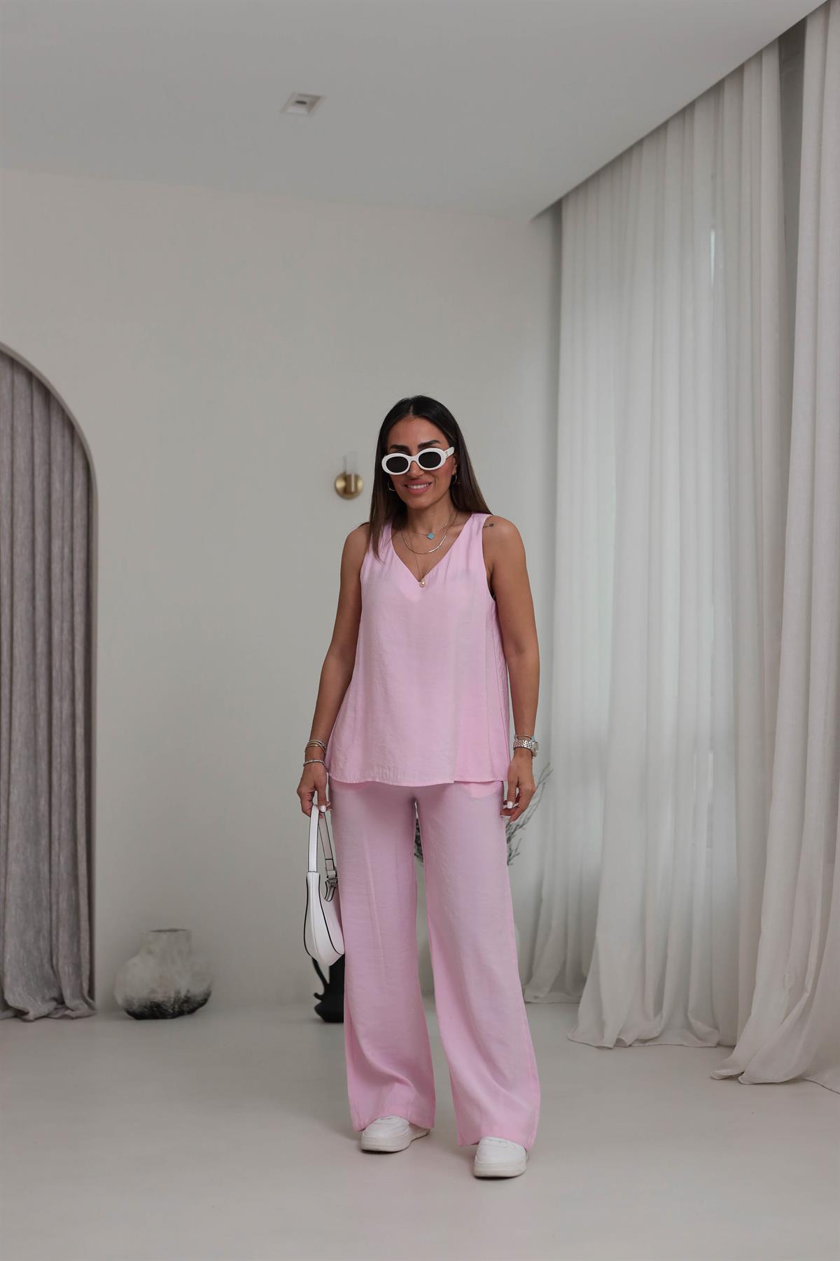 3142 V Yaka Sıfır Kol Tencel Takım PEMBE