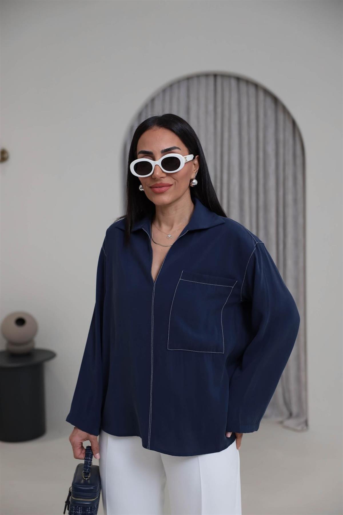 0723 Zincir Dikişli Cep Detay Tencel Gömlek Indigo