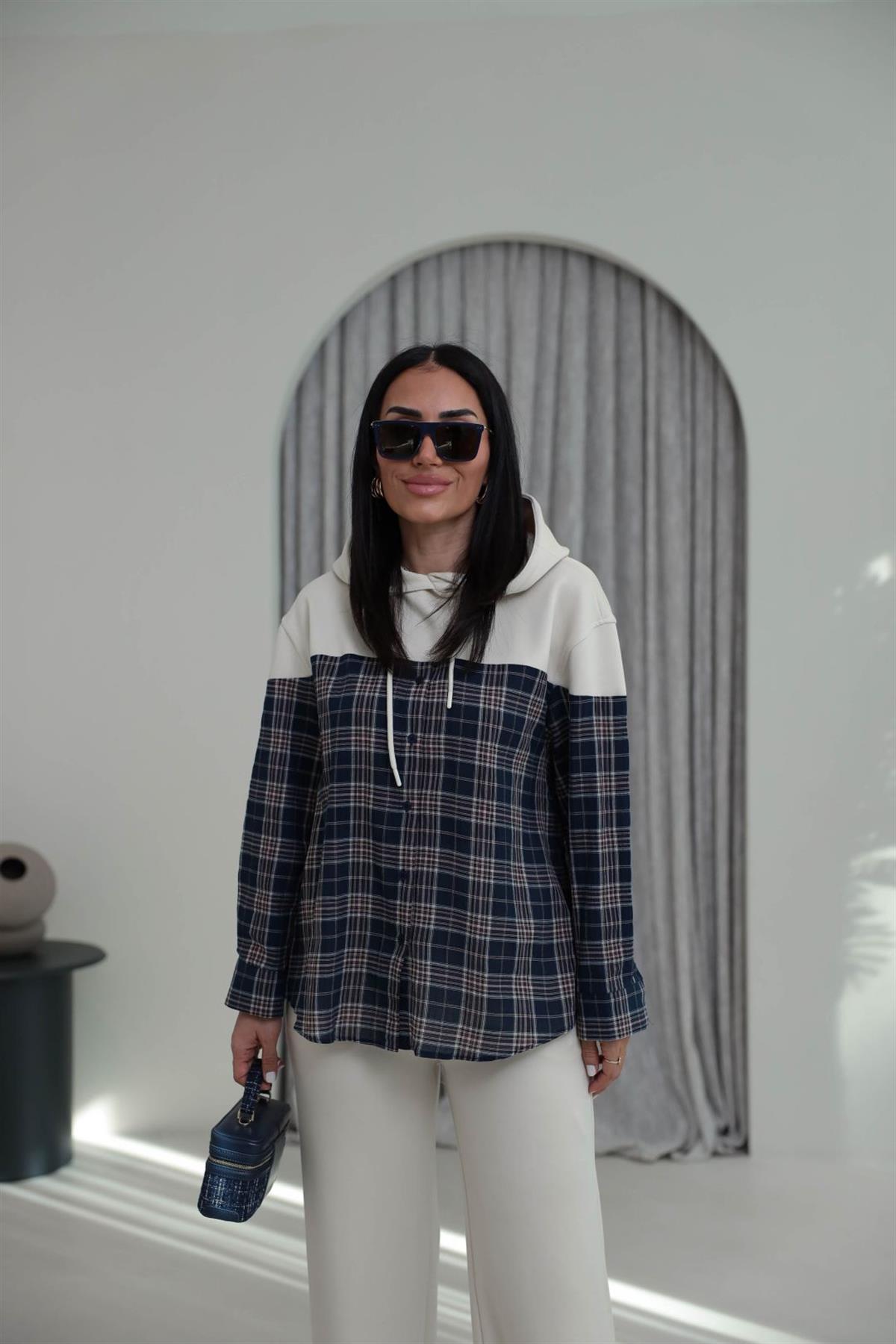 7204 Ekose Gömlek Mixli Modal Takım BEJ