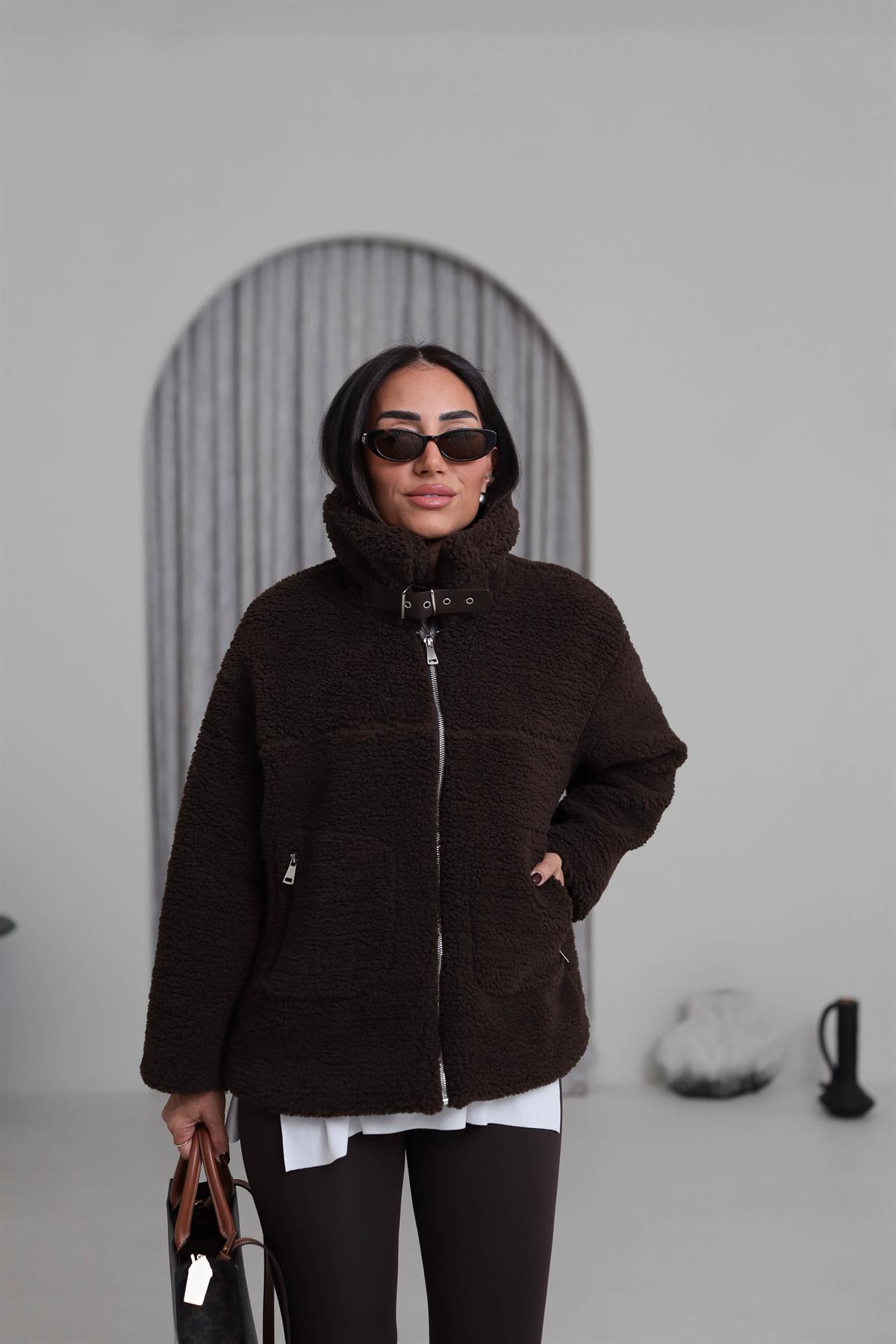 2635 Yaka Kemer Detaylı Fermuarlı Teddy Mont ACI KAHVE