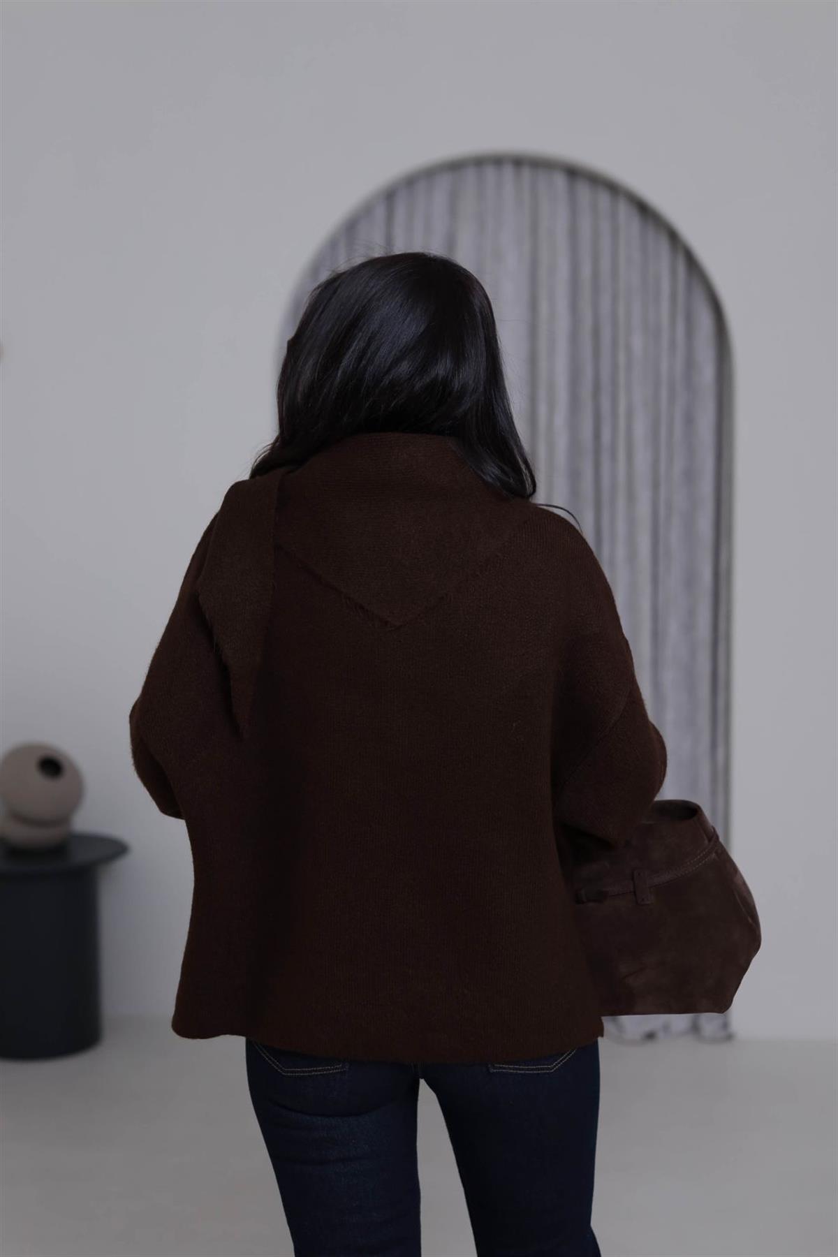 2567 Bisiklet Yaka Şal Detaylı Triko Kazak ACI KAHVE