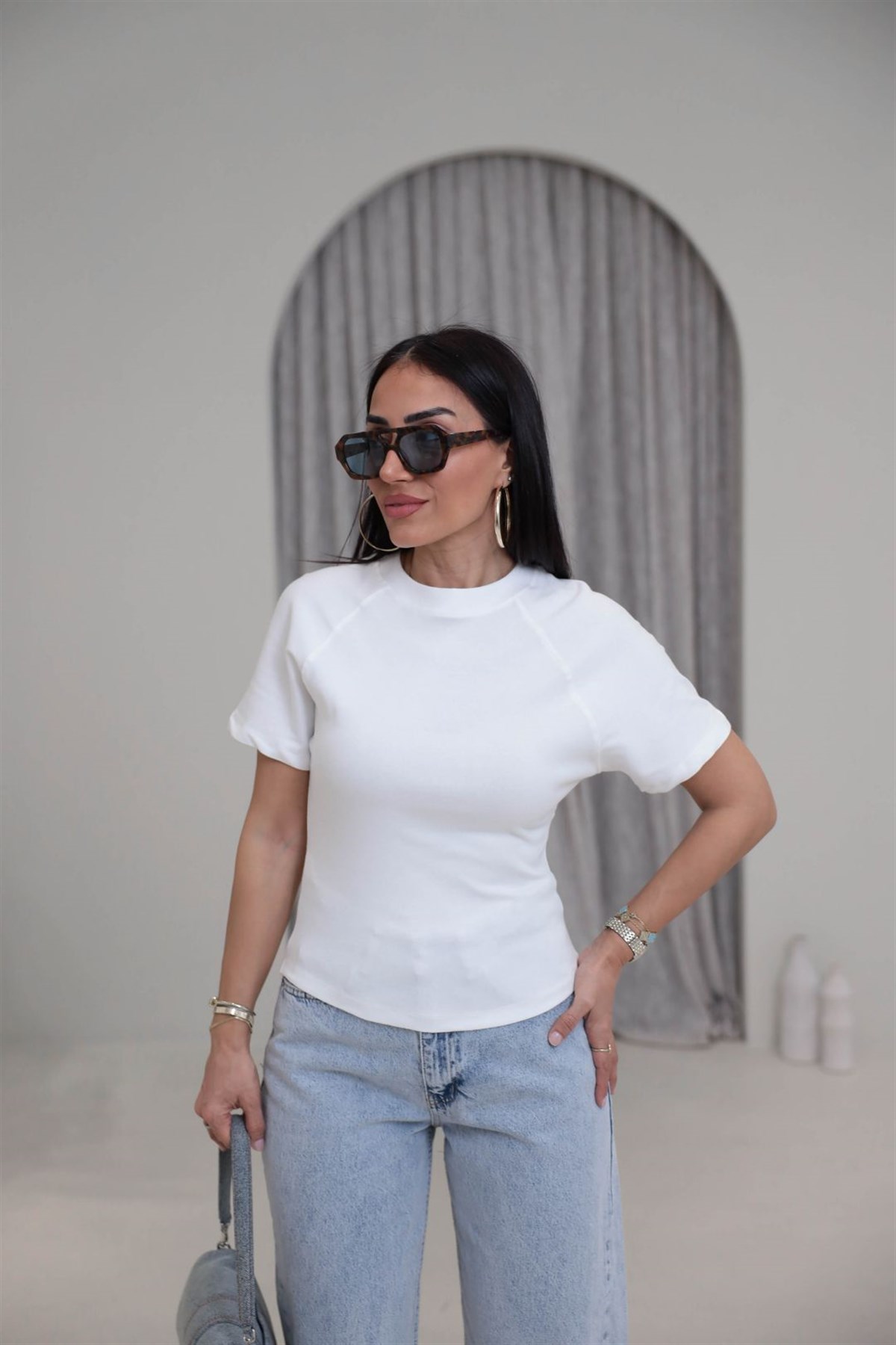 2322 Reglan Kol Yandan Fermuarlı Pamuklu Tshirt EKRU