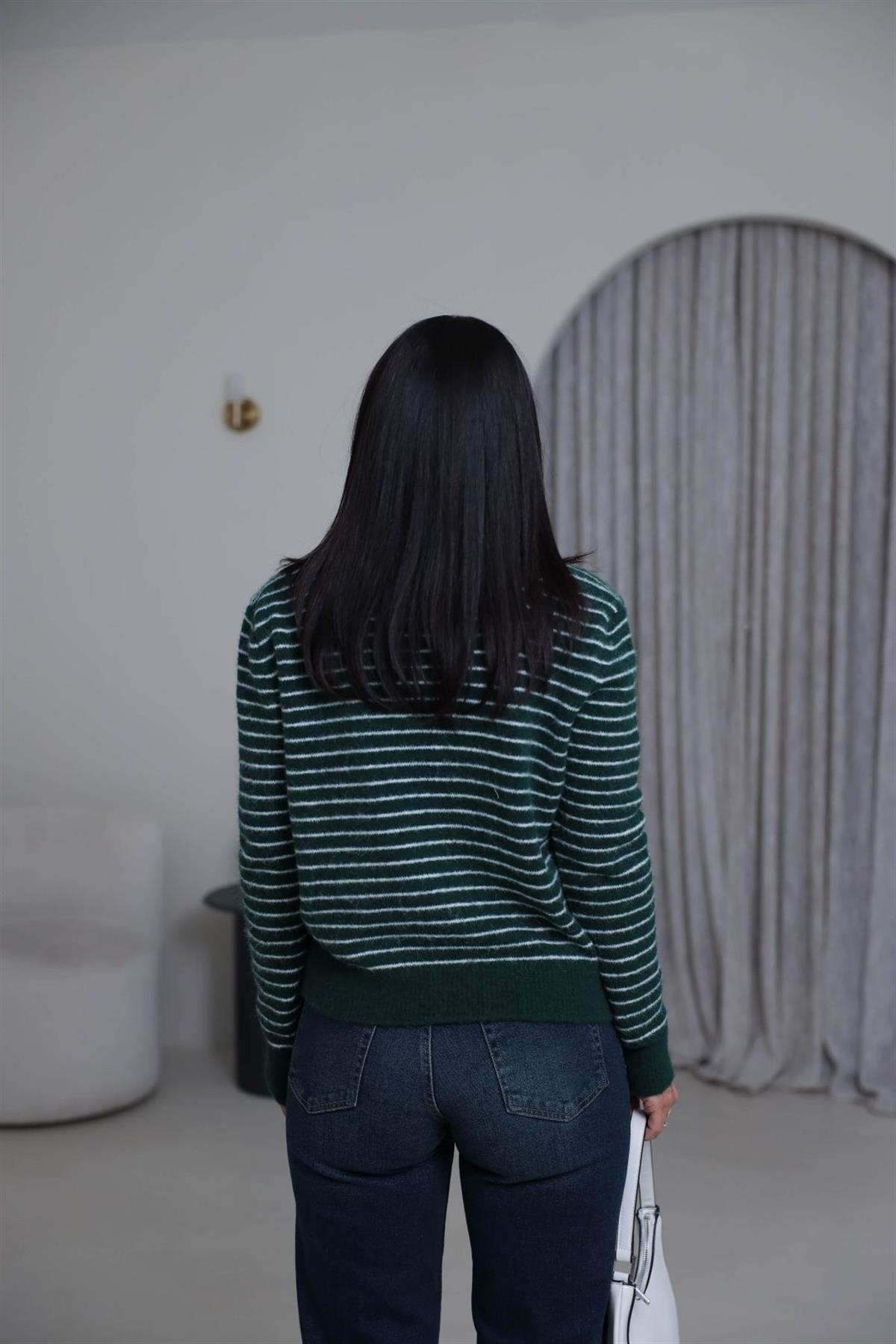 4968 Polo Yaka Yarım Düğmeli Çizgili Kazak YEŞİL