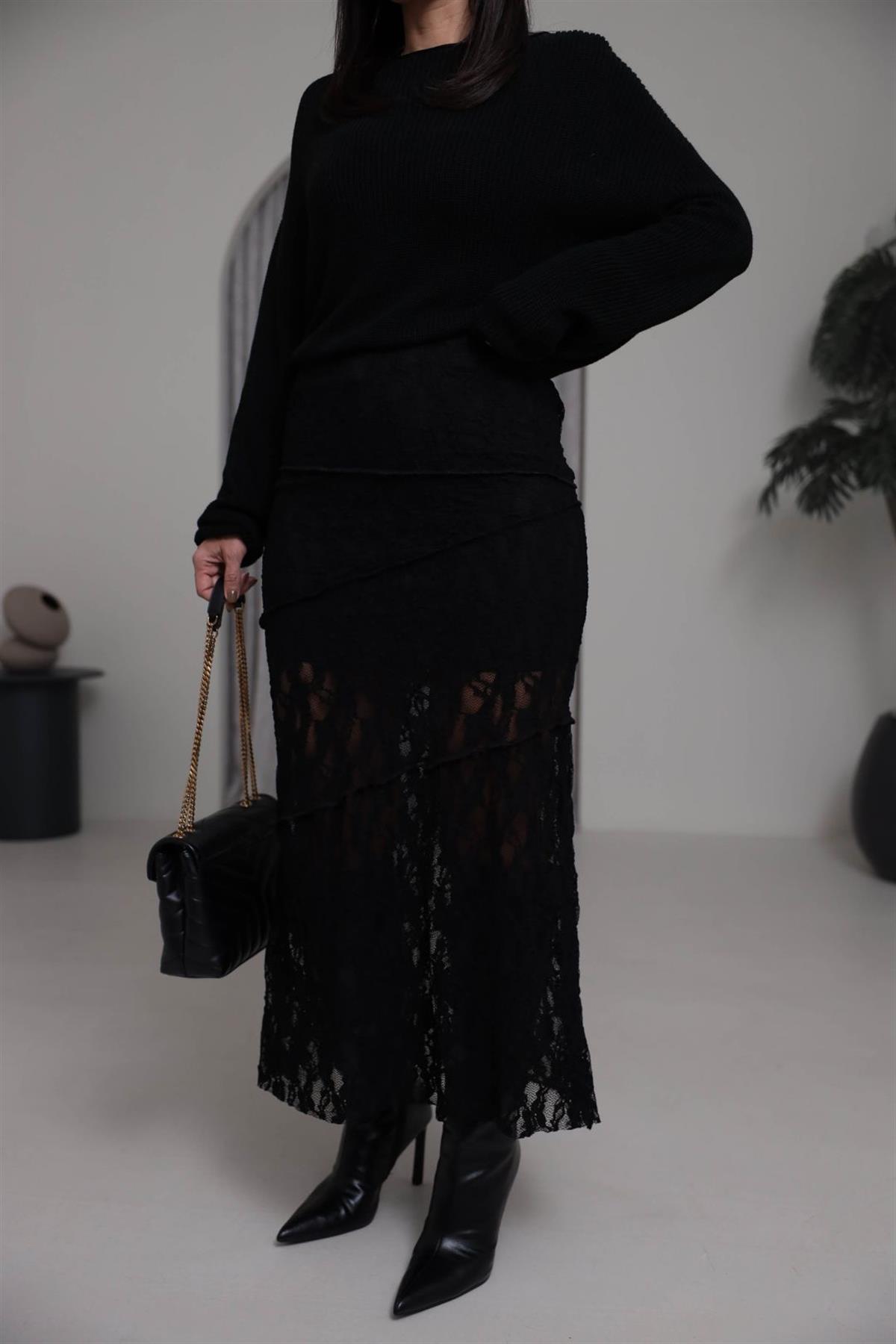 8818 Astarlı Dikiş Detaylı Dantel Etek SİYAH