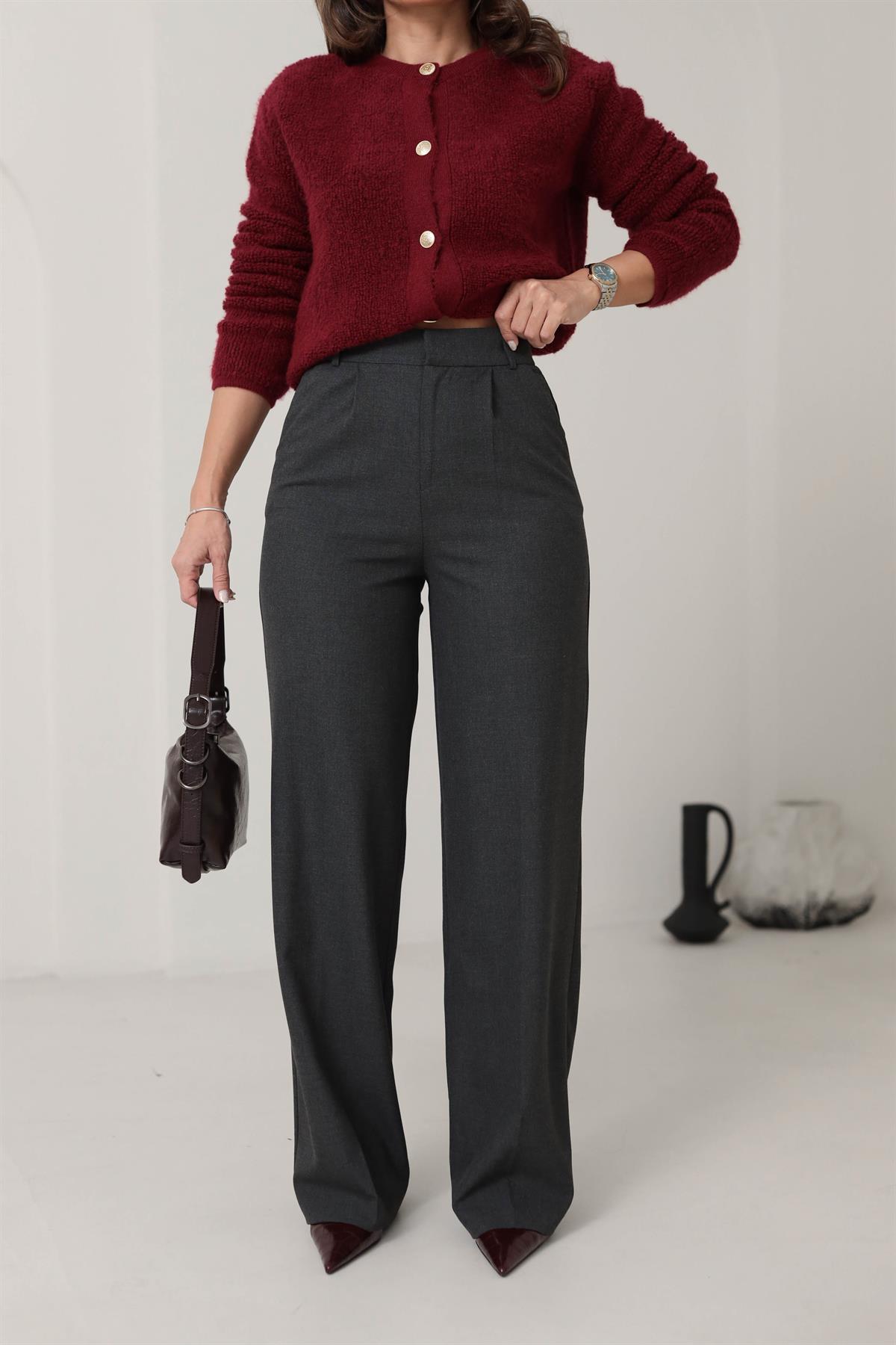 6571 Arka Bel Lastikli Palazzo Pantolon KOYU GRİ