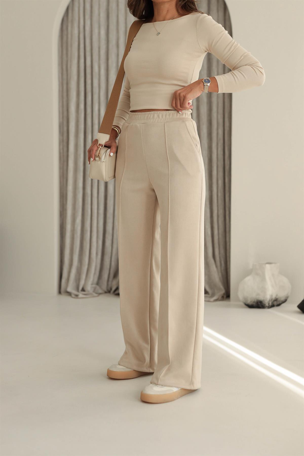 6632 Bel Lastikli Bol Nubuk Pantolon