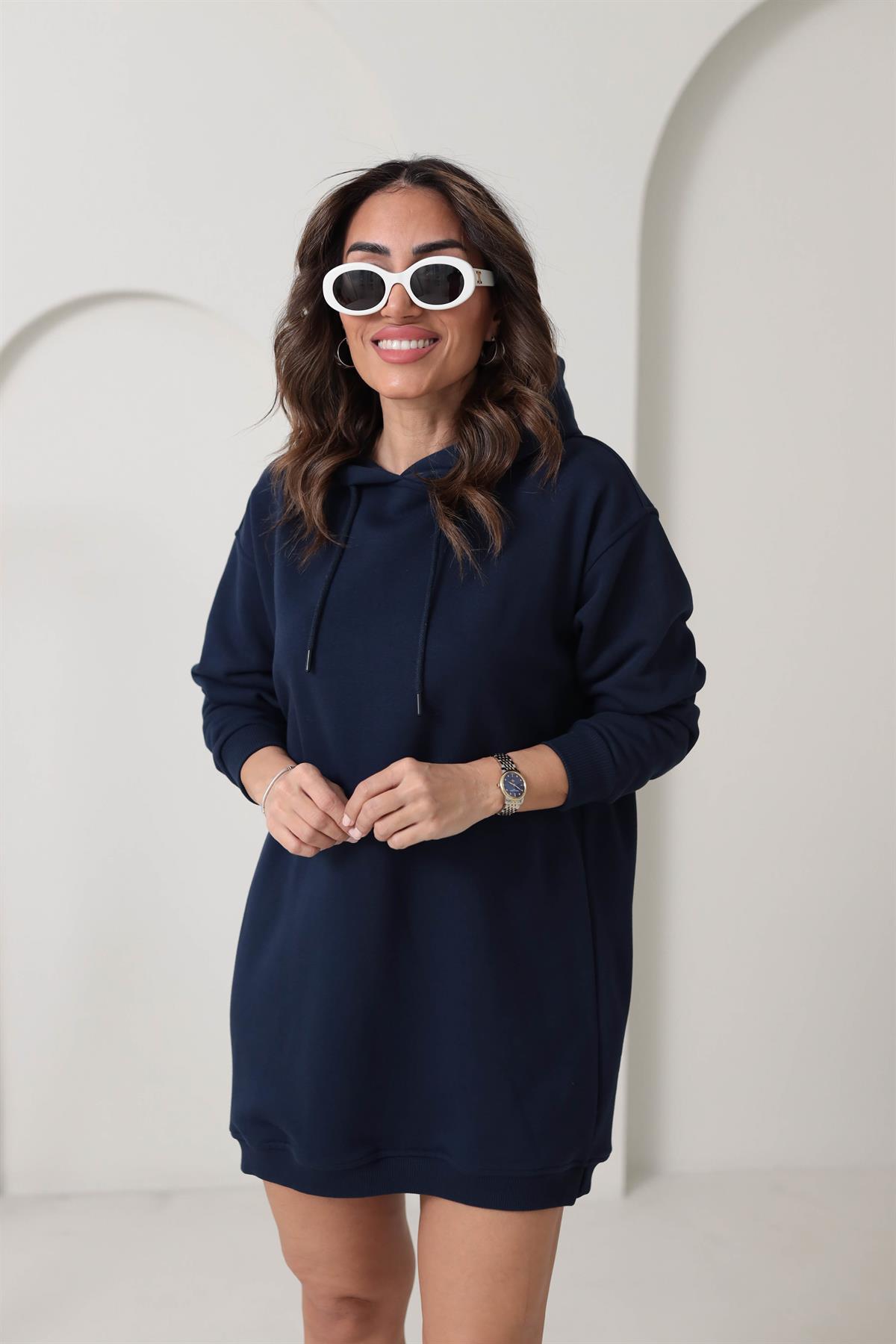 1231 Kapşonlu Sweat Elbise LACİVERT