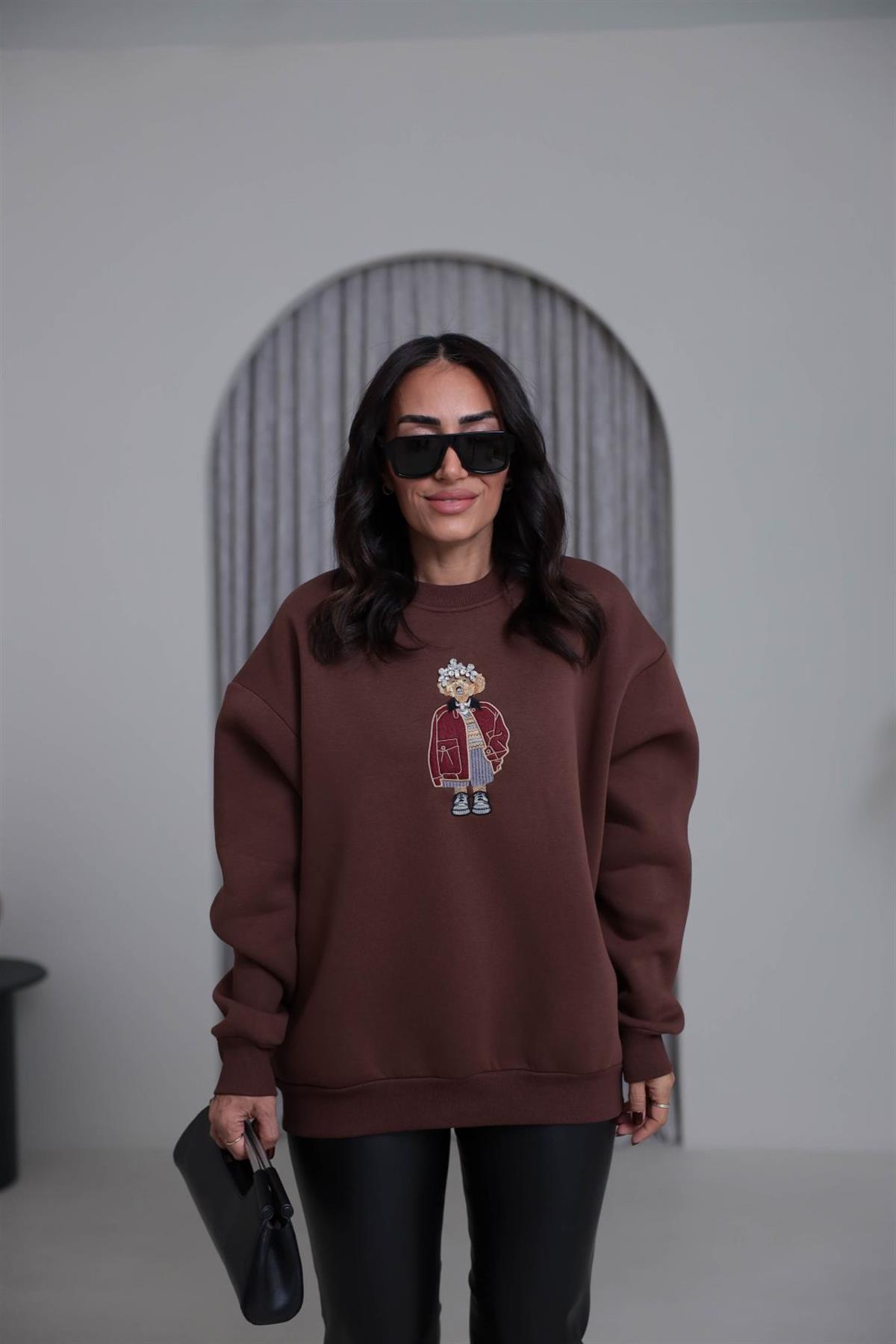 6910 Taşlı Aplikeli Şardonlu Sweatshirt KAHVE