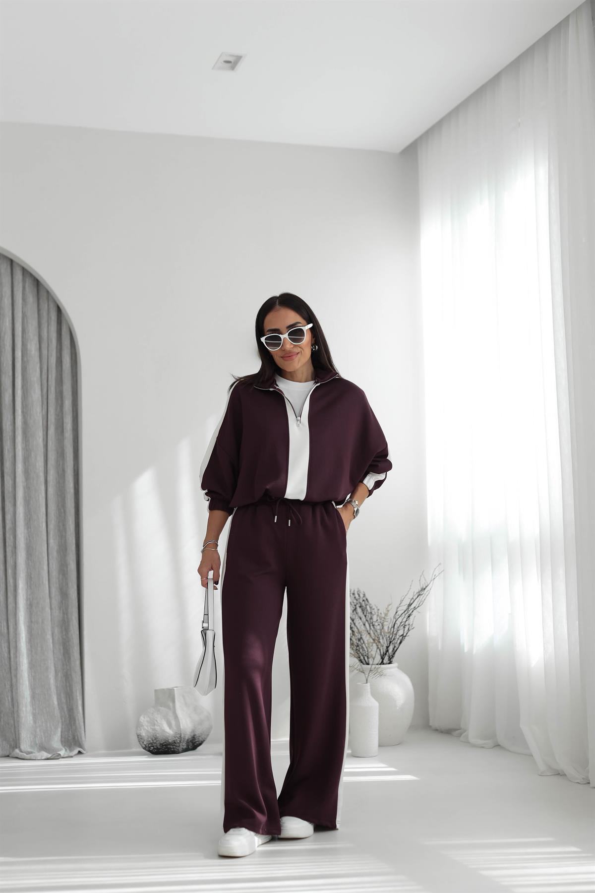 5704 Şerit Detaylı Modal Takım BORDO