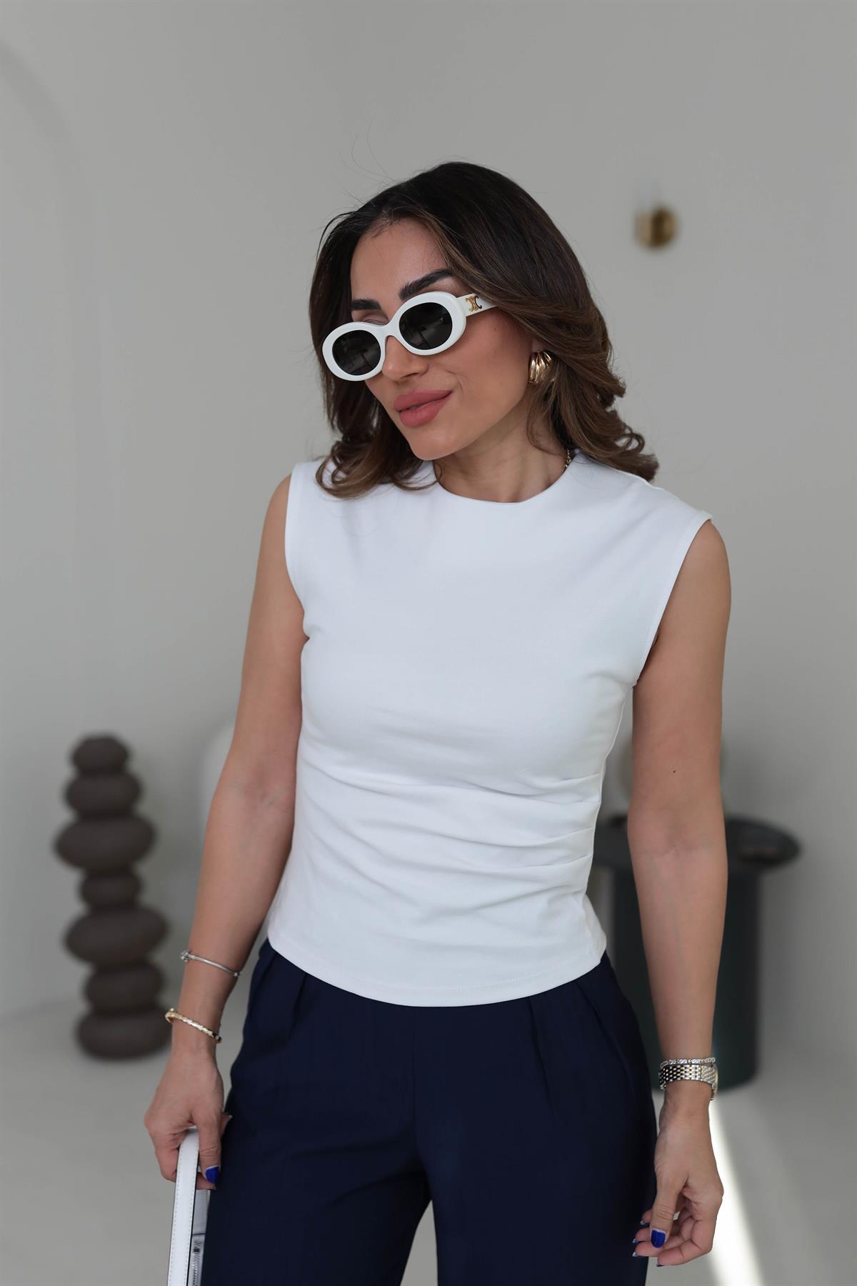 6112 Yan Drapeli Kolsuz Pamuklu Bluz EKRU