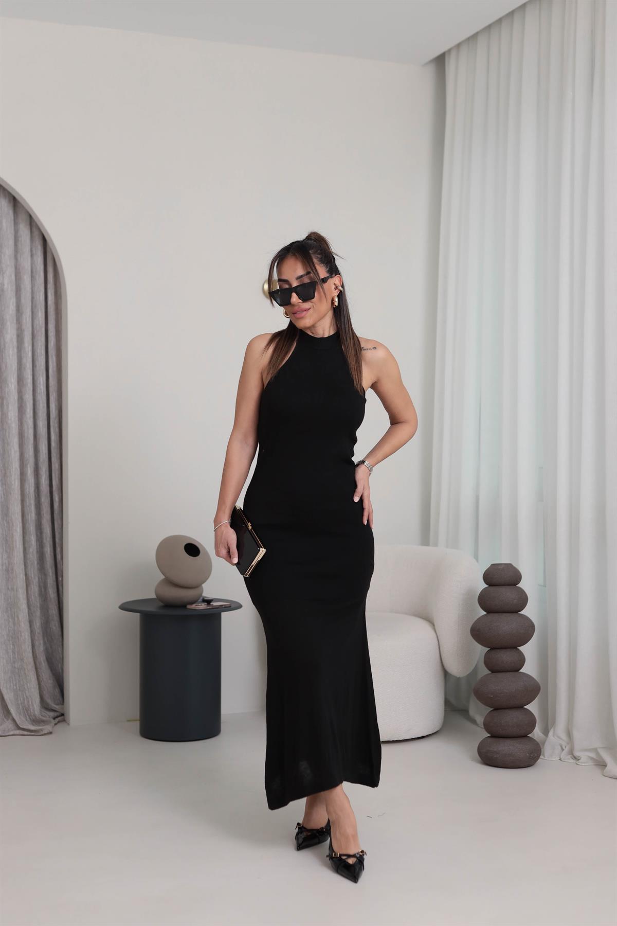 4224 Halter Yaka Triko Elbise SİYAH