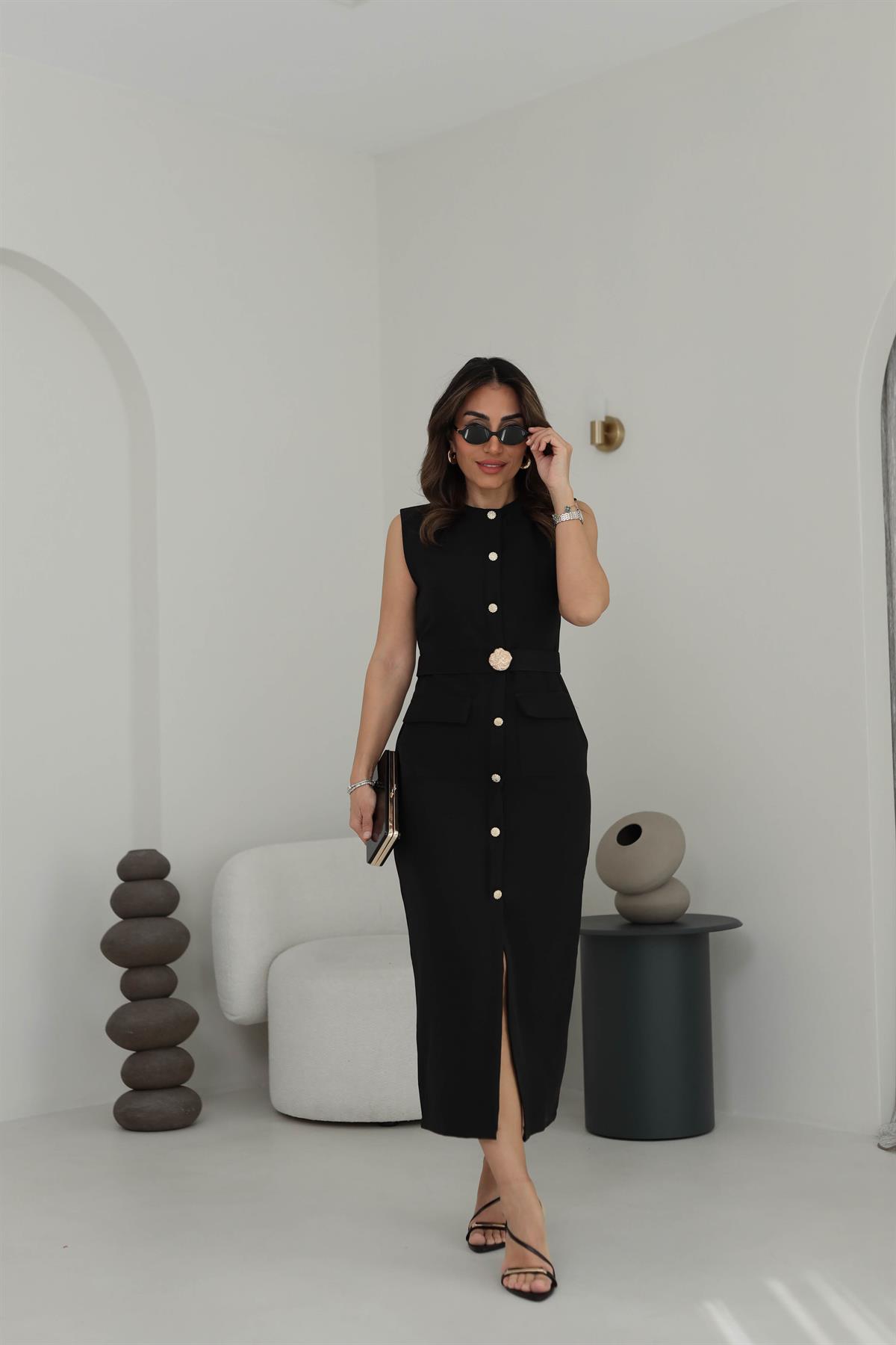 0298 Sıfır Kol Broş Kemerli Cep Detaylı  Elbise SİYAH