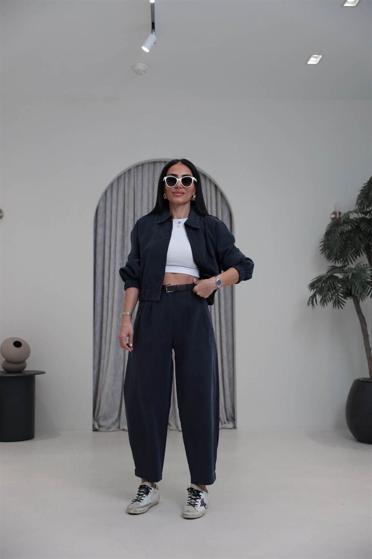 0735 Polo Yaka Bomber Ceketli Tencel Takım ANTRASİT