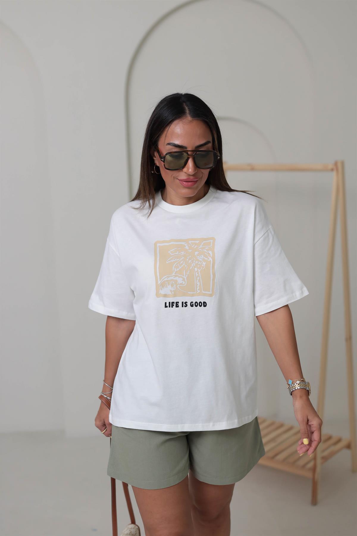 0392 Life Is Good Pamuklu Tshirt EKRU