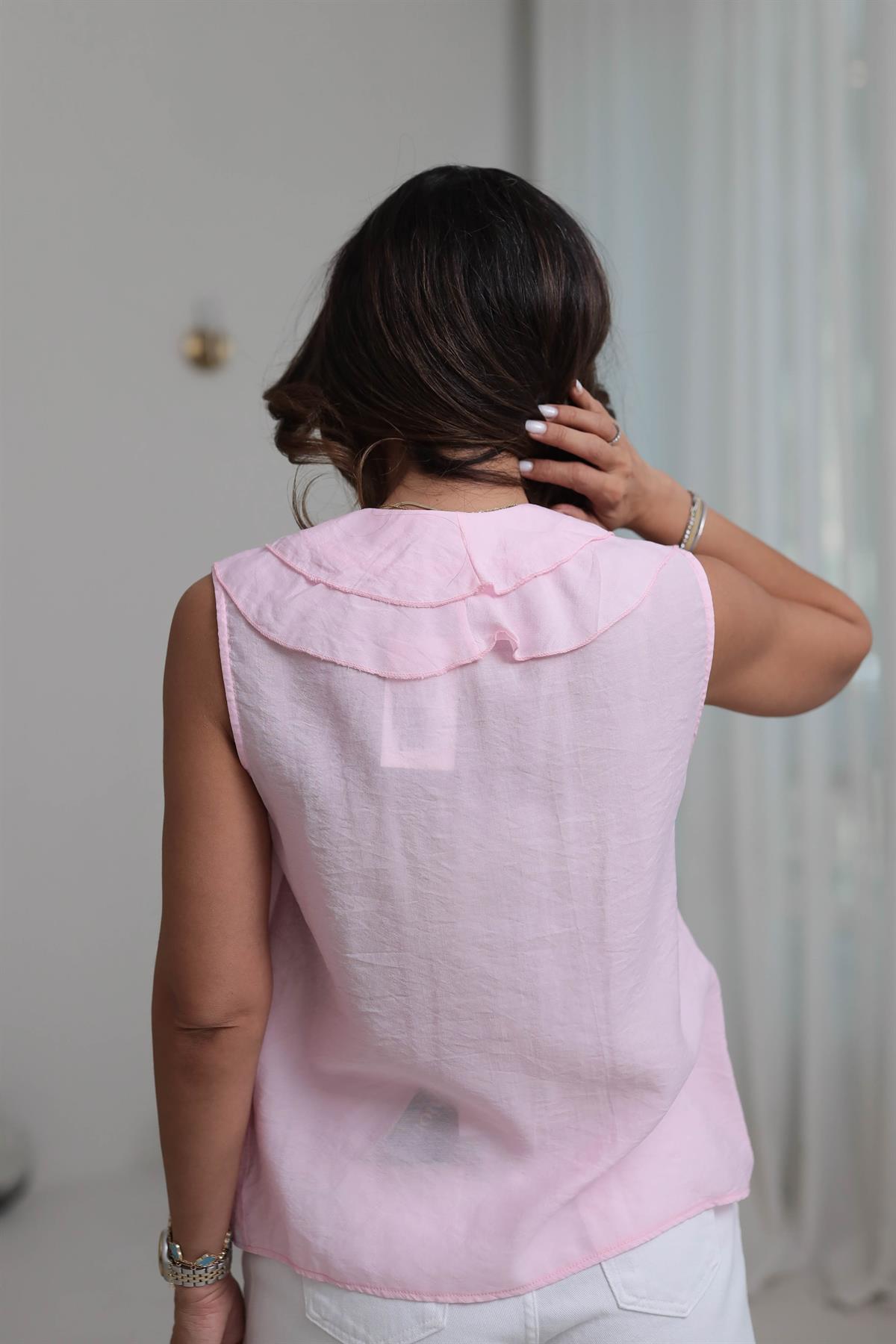 0072 Sıfır Kol Fırfır Detaylı Gömlek PEMBE