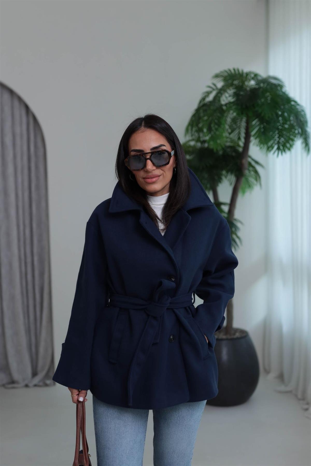 0646 Kuşaklı Yakalı Kaşe Kaban LACİVERT