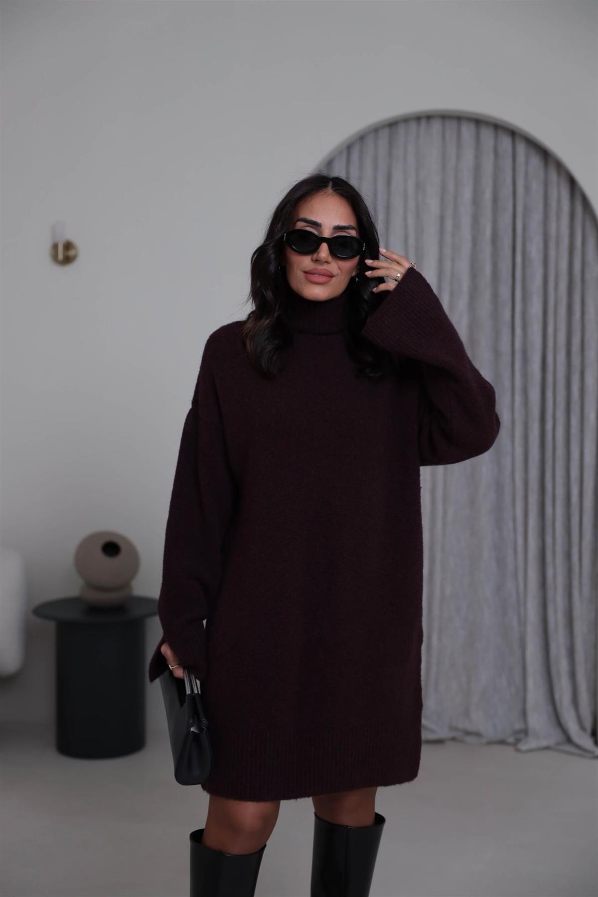 90265 Balıkçı Yaka Yumoş Triko Elbise BORDO