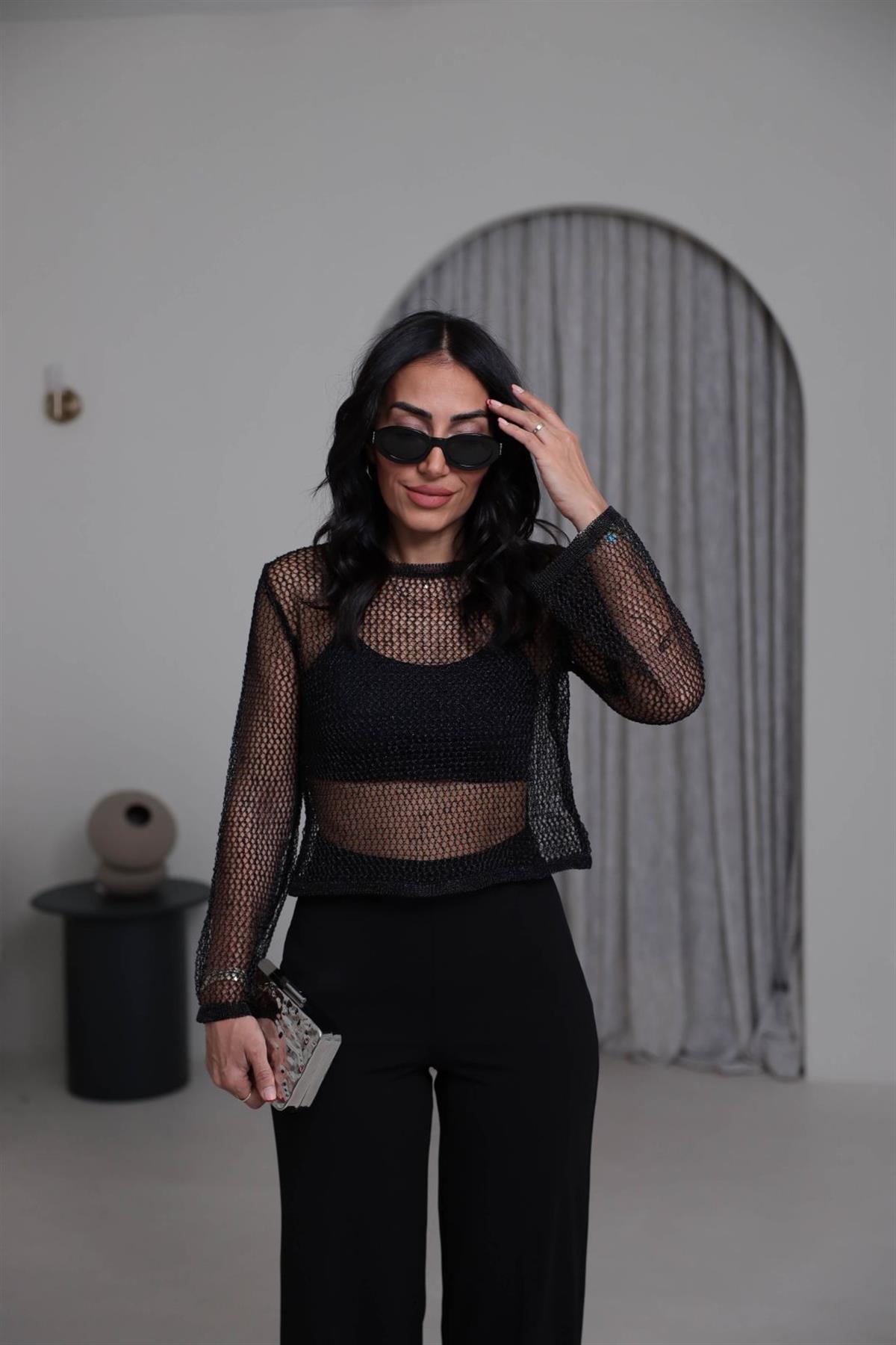 4404 Parlak Simli Ajurlu Kısa Triko SİYAH