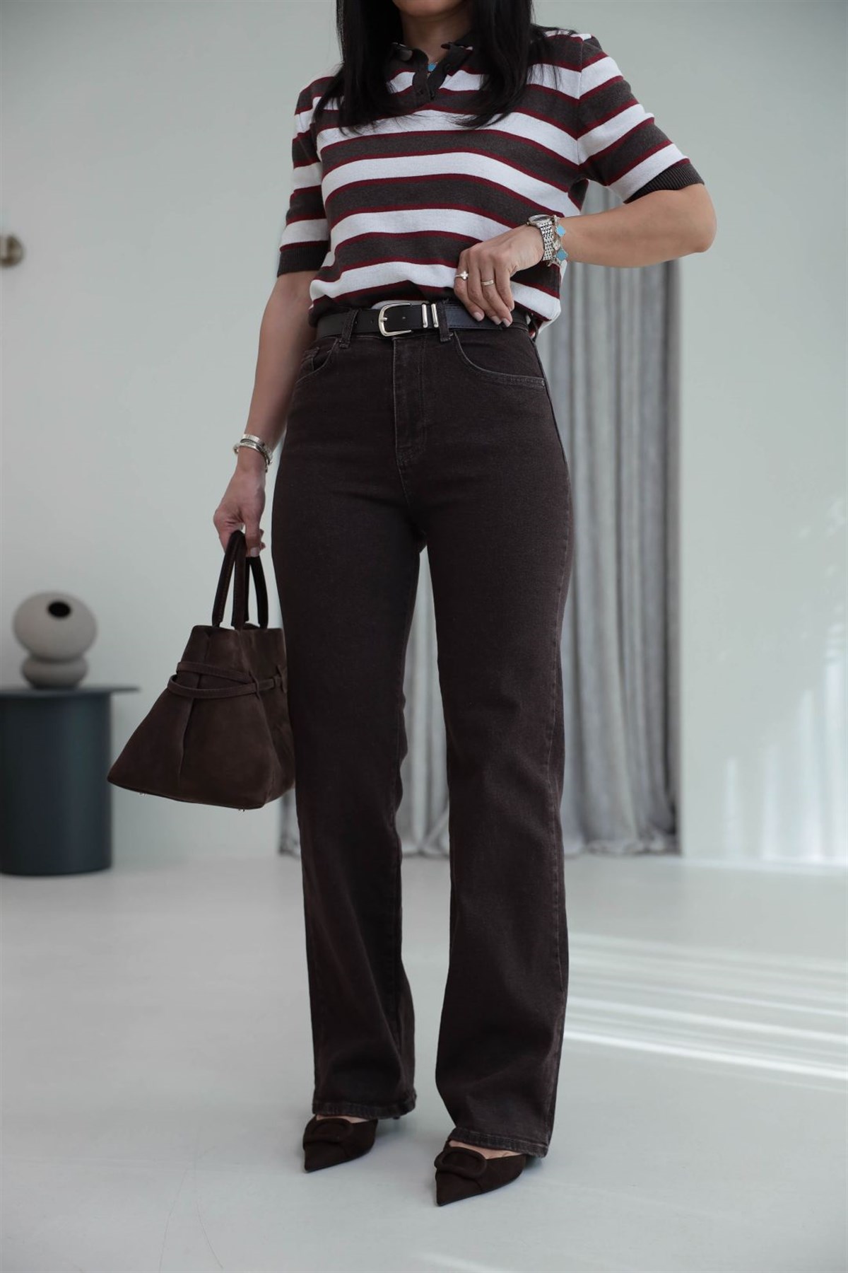 700 Yüksek Bel Kemerli Likralı Jean ACI KAHVE