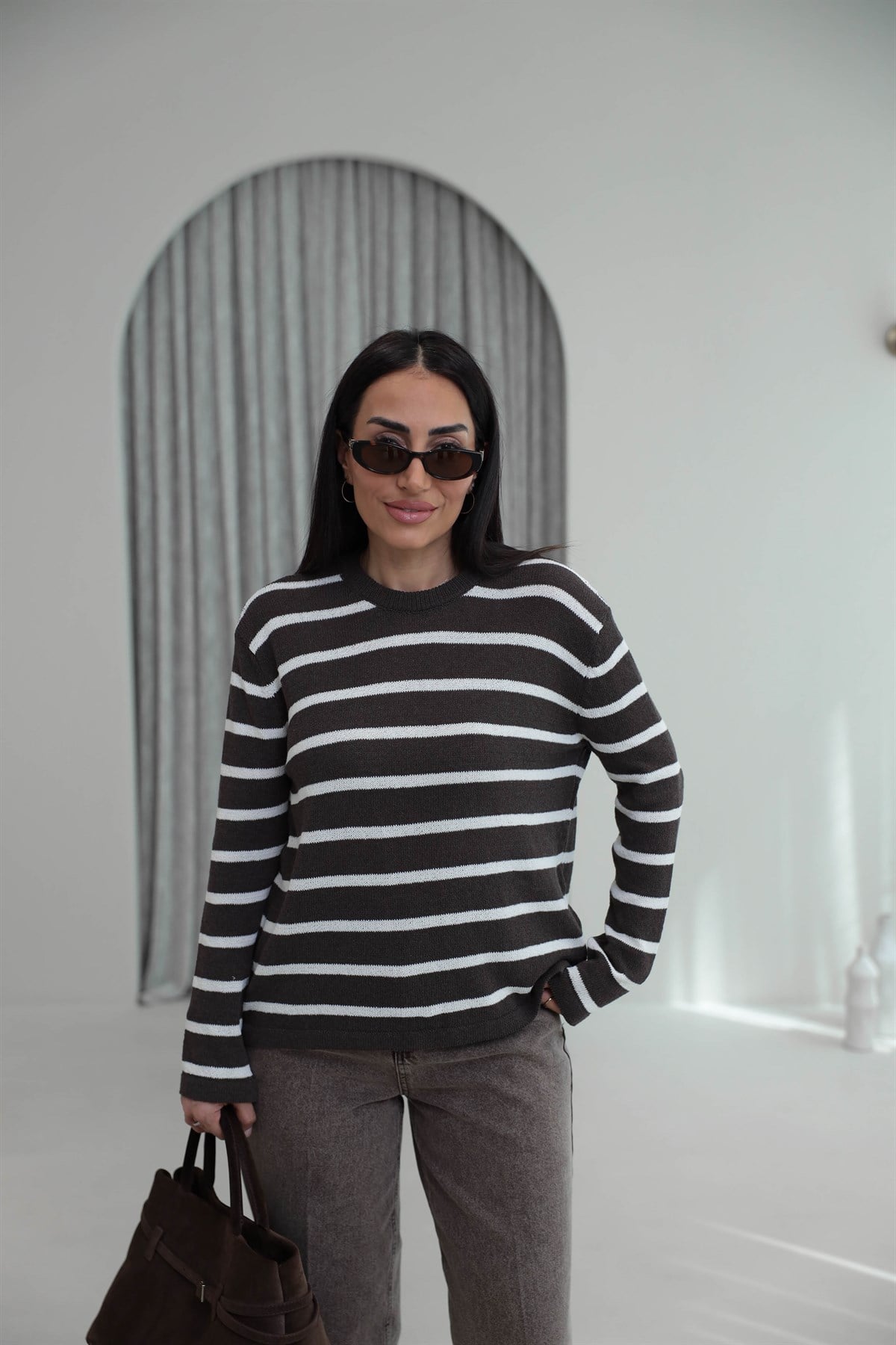 1032 Çizgili Triko Bluz KAHVE