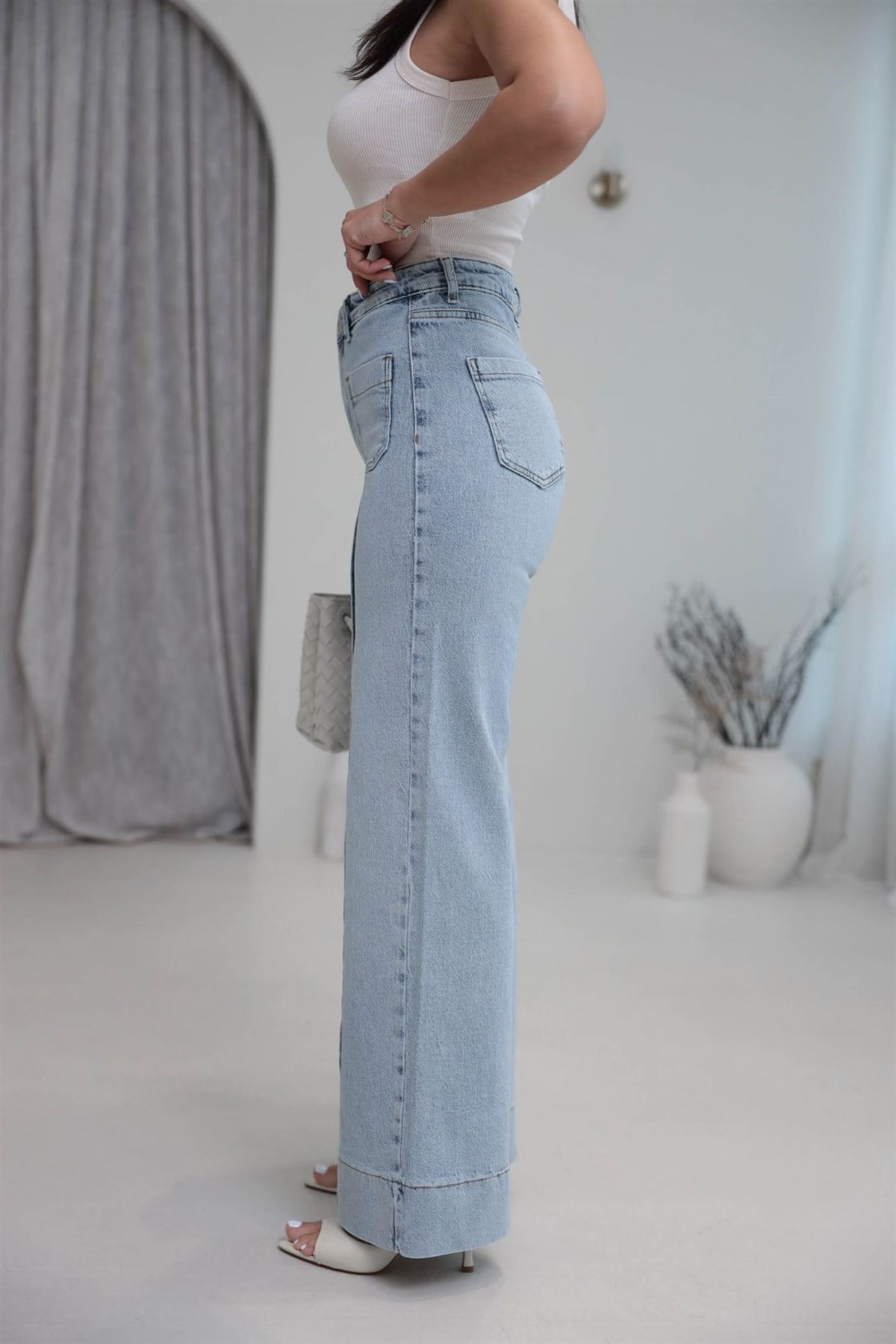 1040 Ön Cep ve Paça Detaylı Wide Leg Jean AÇIK MAVİ