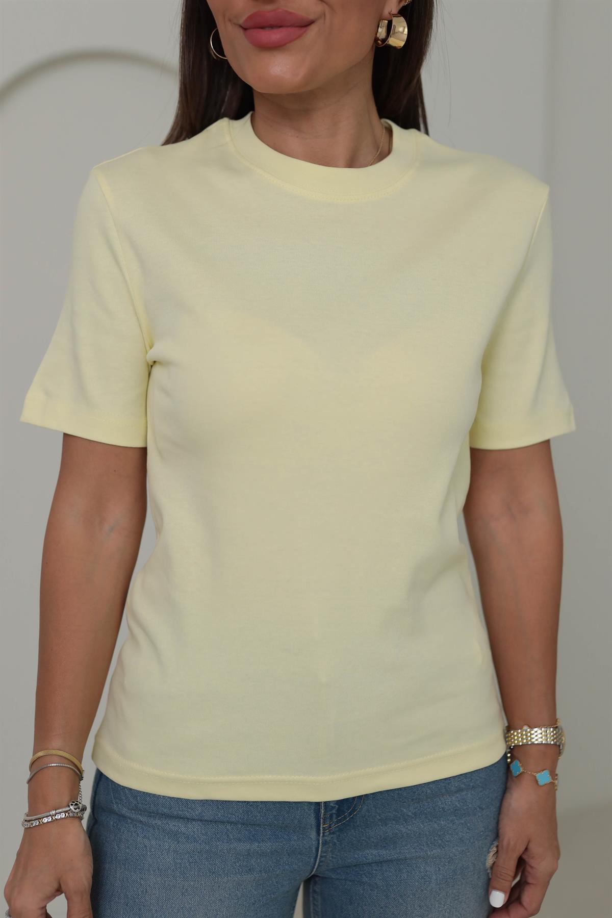 1075 Bisiklet Yaka Pamuklu Basic Tshirt SARI