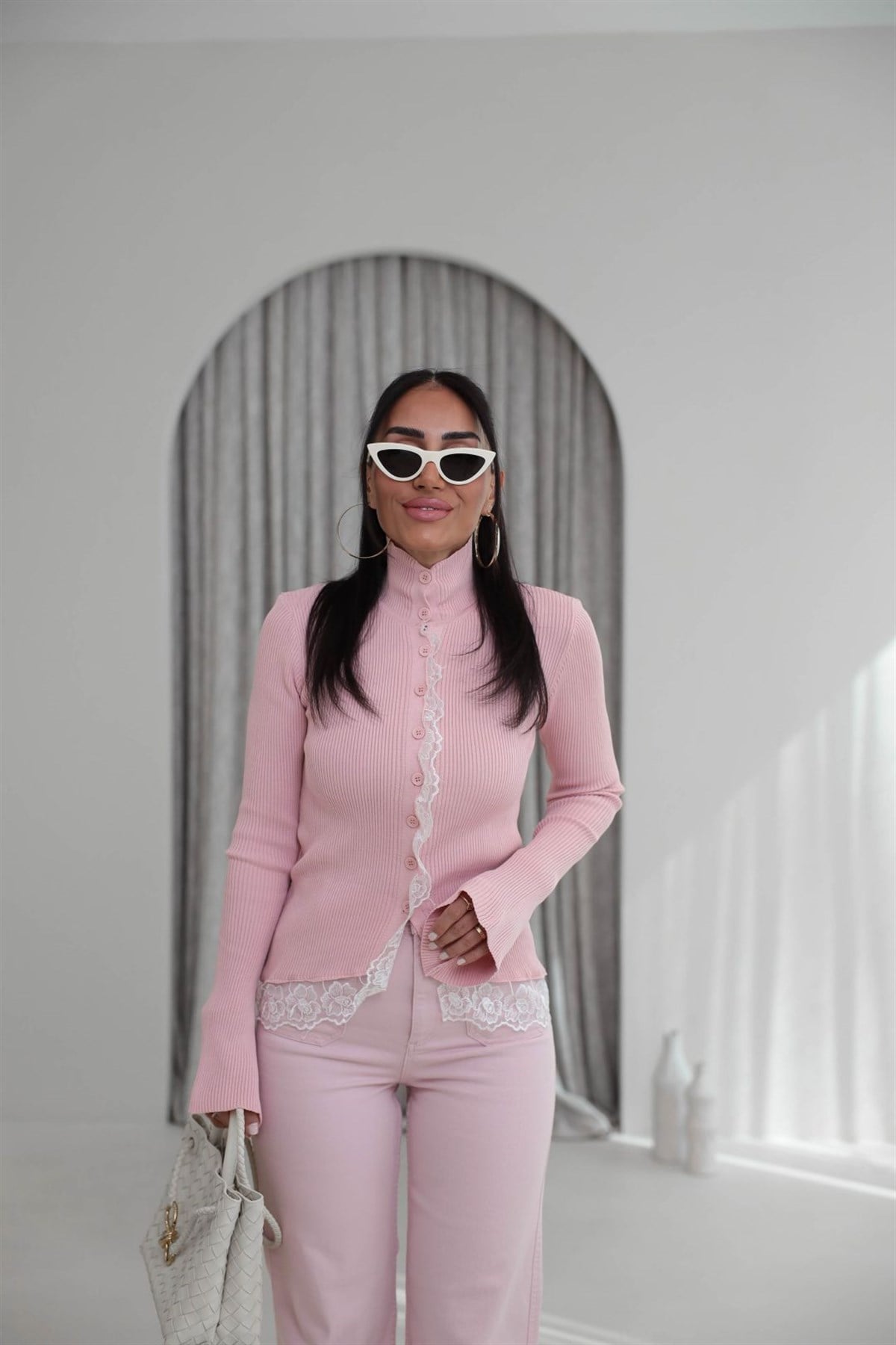 Yarım Balıkçı İspanyol Kol Güpürlü Hırka PEMBE