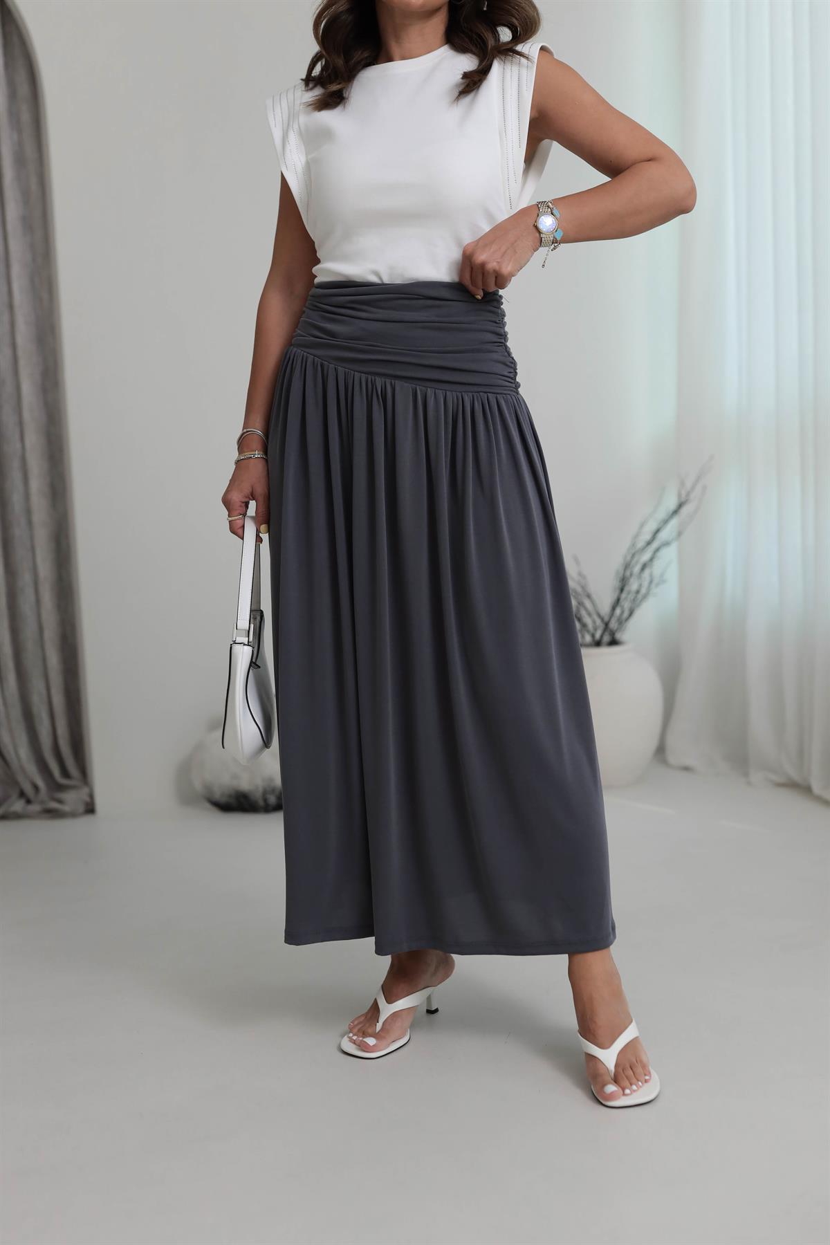 7234 Örme Korsajlı Modal Etek FÜME